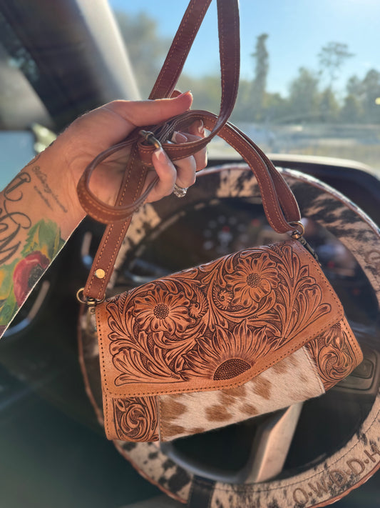 Tooled leather small purse with cowhide