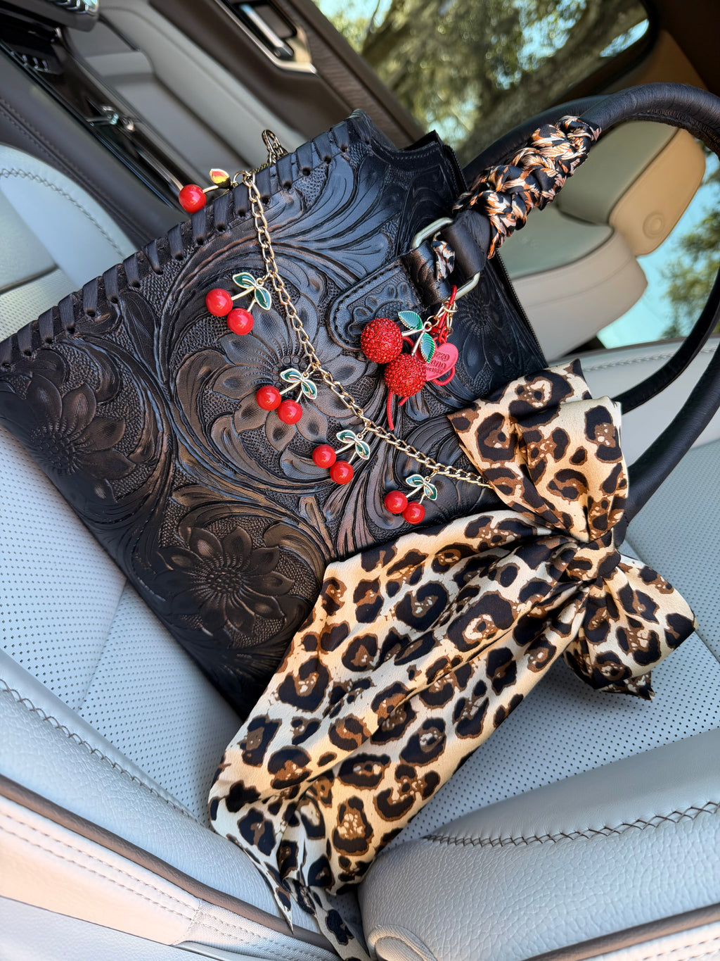 “Leopard Kiss”- black tooled speedy tote, red/cheetah/black accents