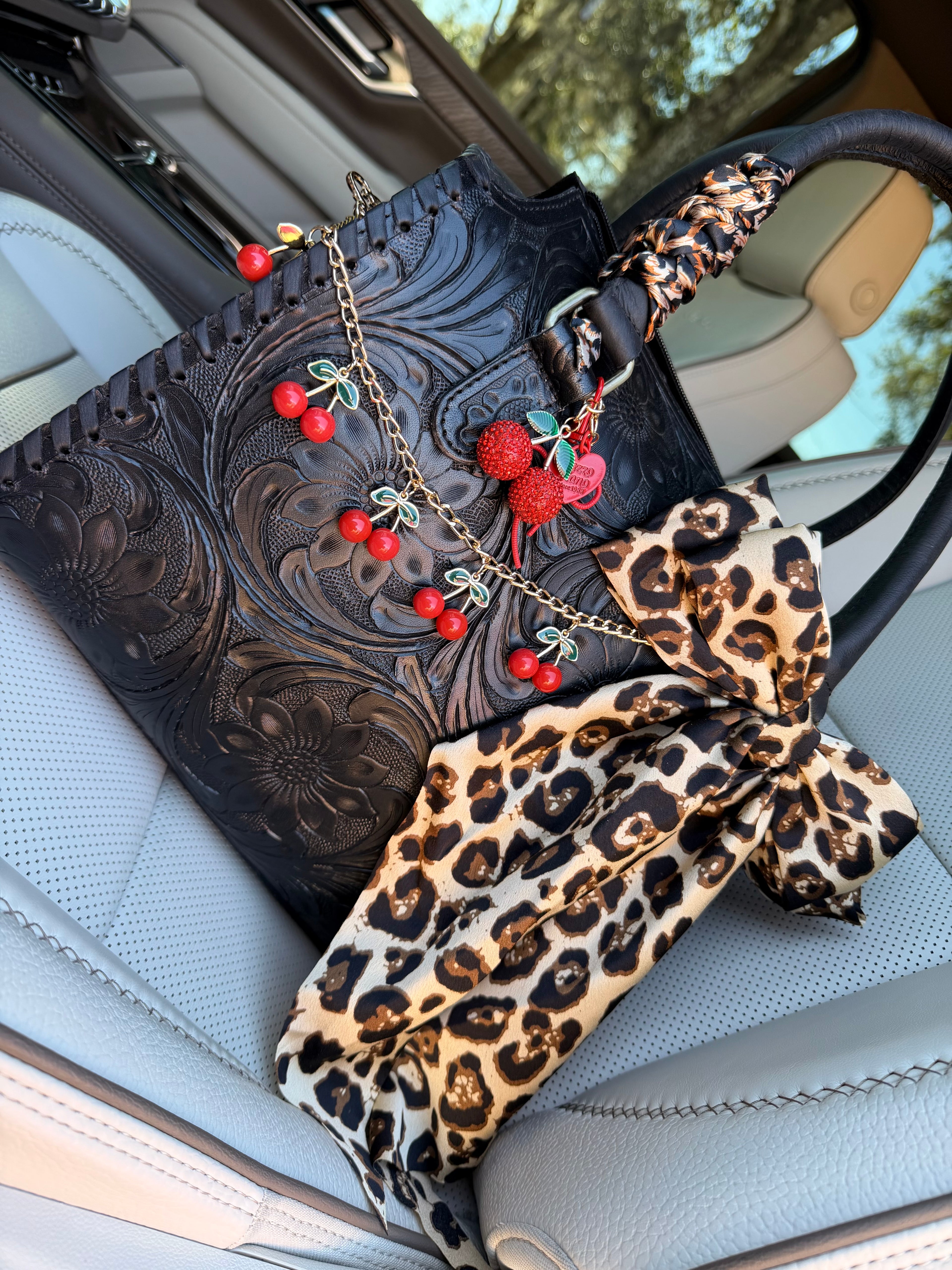 “Leopard Kiss”- black tooled speedy tote, red/cheetah/black accents