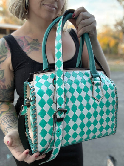 Medium TEAL checker print speedy tote
