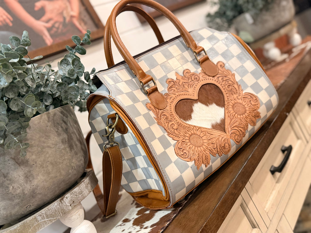 The Sweet Caroline 🤍🤎 gray / white checker sunflower tooled leather speedy duffle (L)
