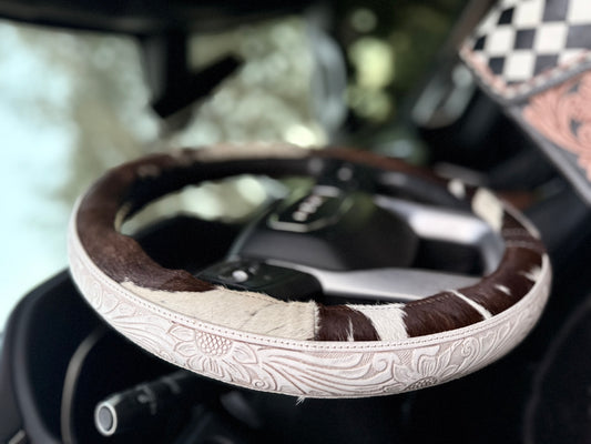 White 15.5 “ tooled leather cowhide steering wheel cover read description before purchase