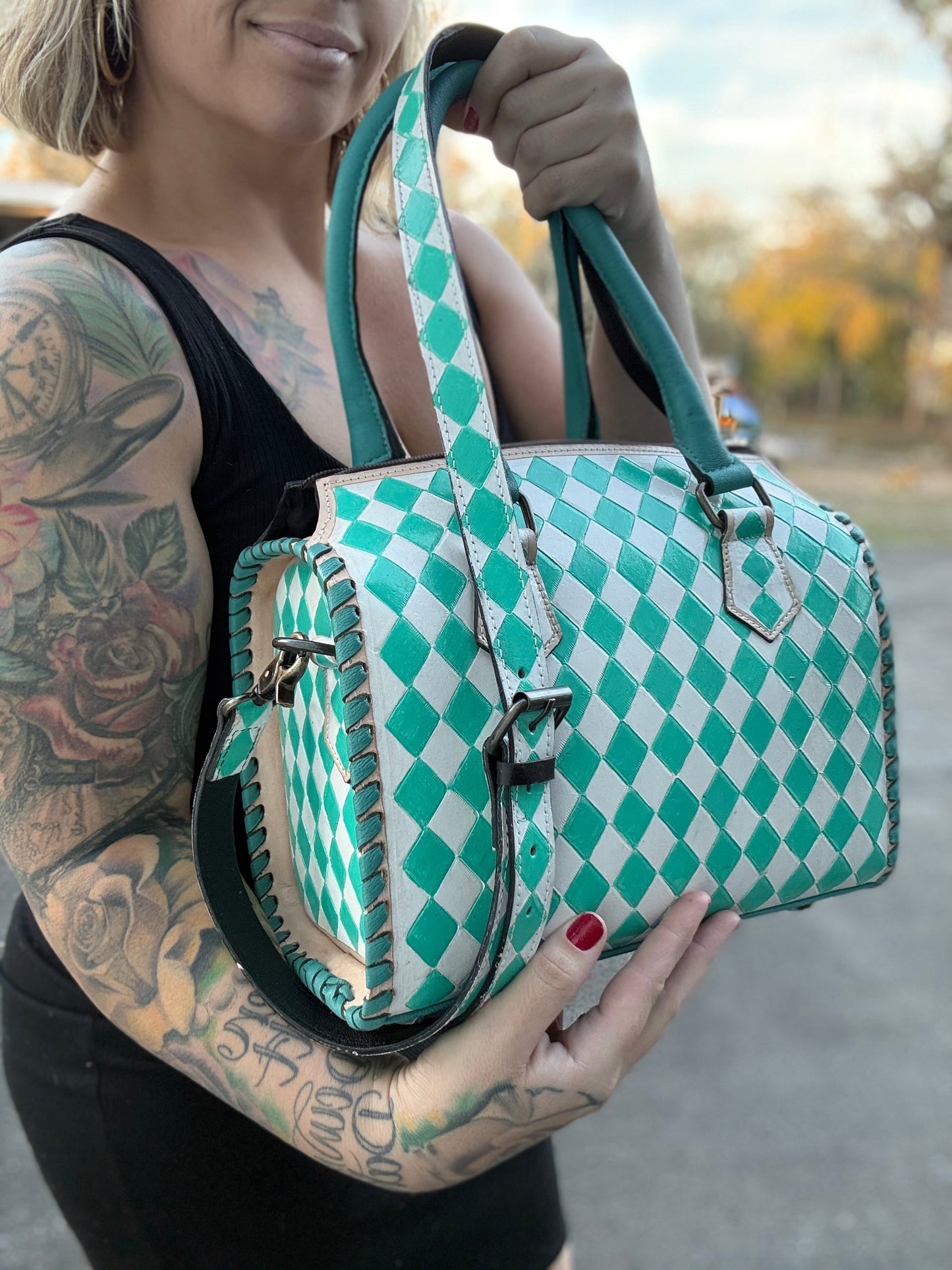 Medium TEAL checker print speedy tote