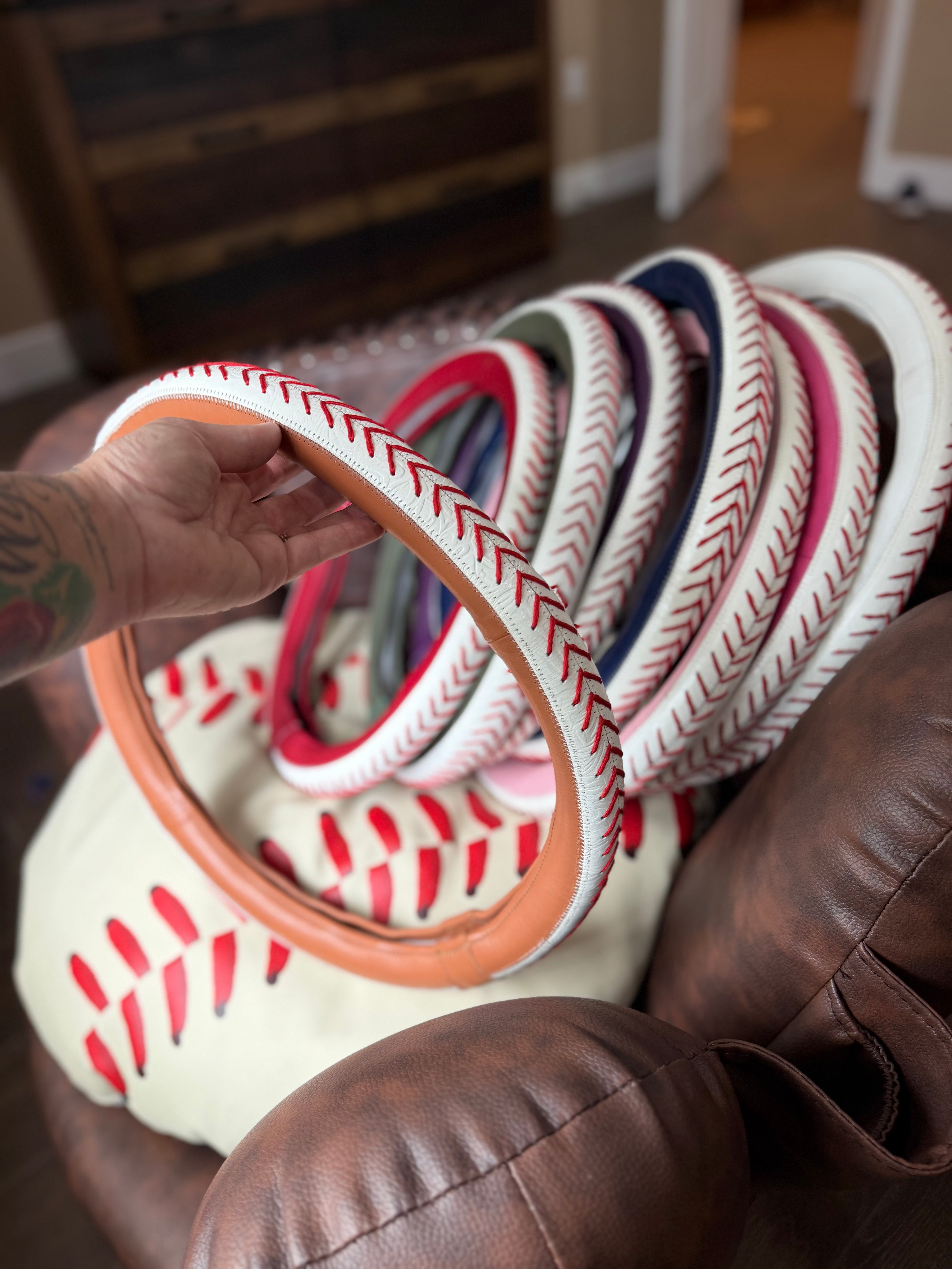 Baseball 16 “ tooled leather steering wheel cover - read description before purchase