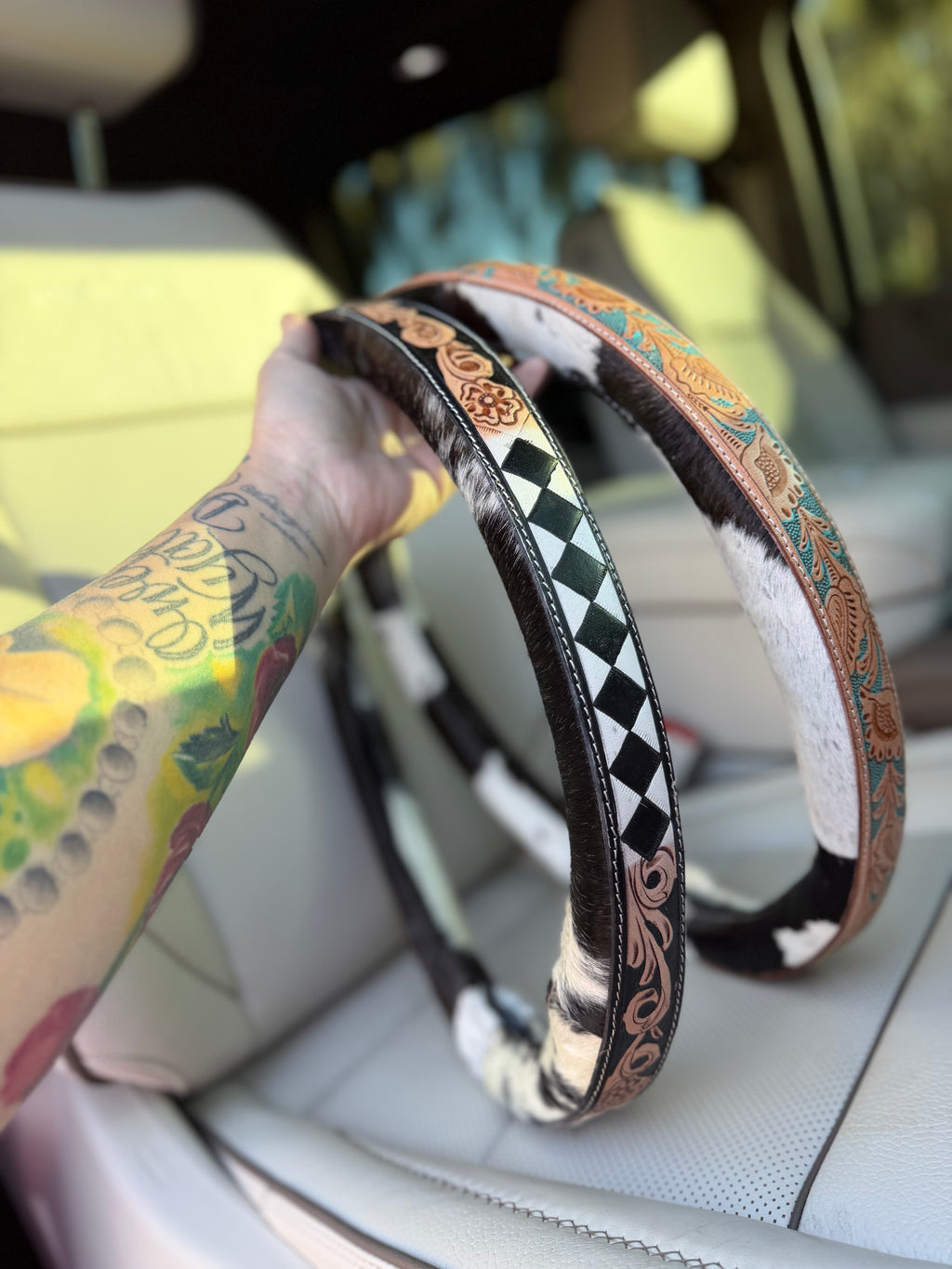 16 “ tooled leather cowhide steering wheel cover -read description before purchase