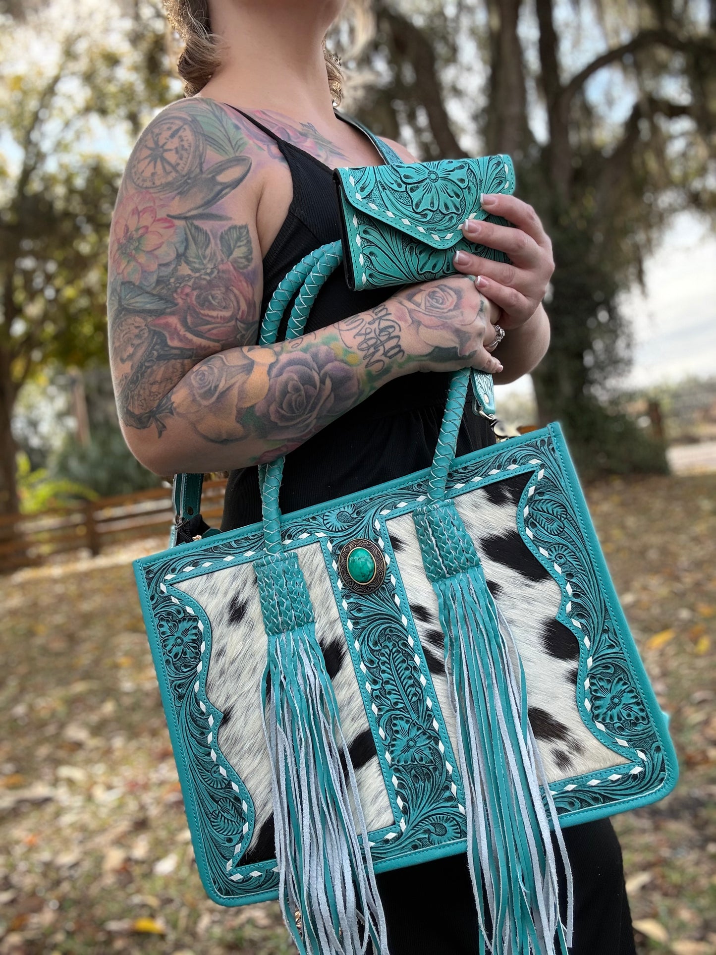 Teal tooled leather/ cowhide set