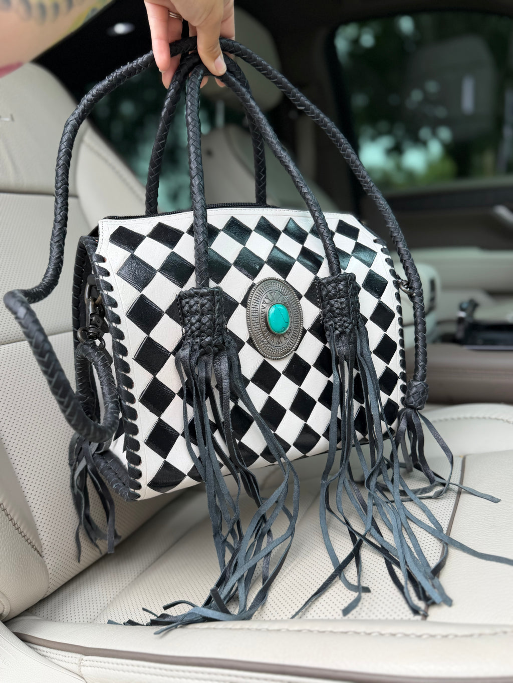 Checker fringe Med/large HAND-PAINTED ARGENTINA LEATHER SPEEDY (very high-quality) exclusive to the painted porches