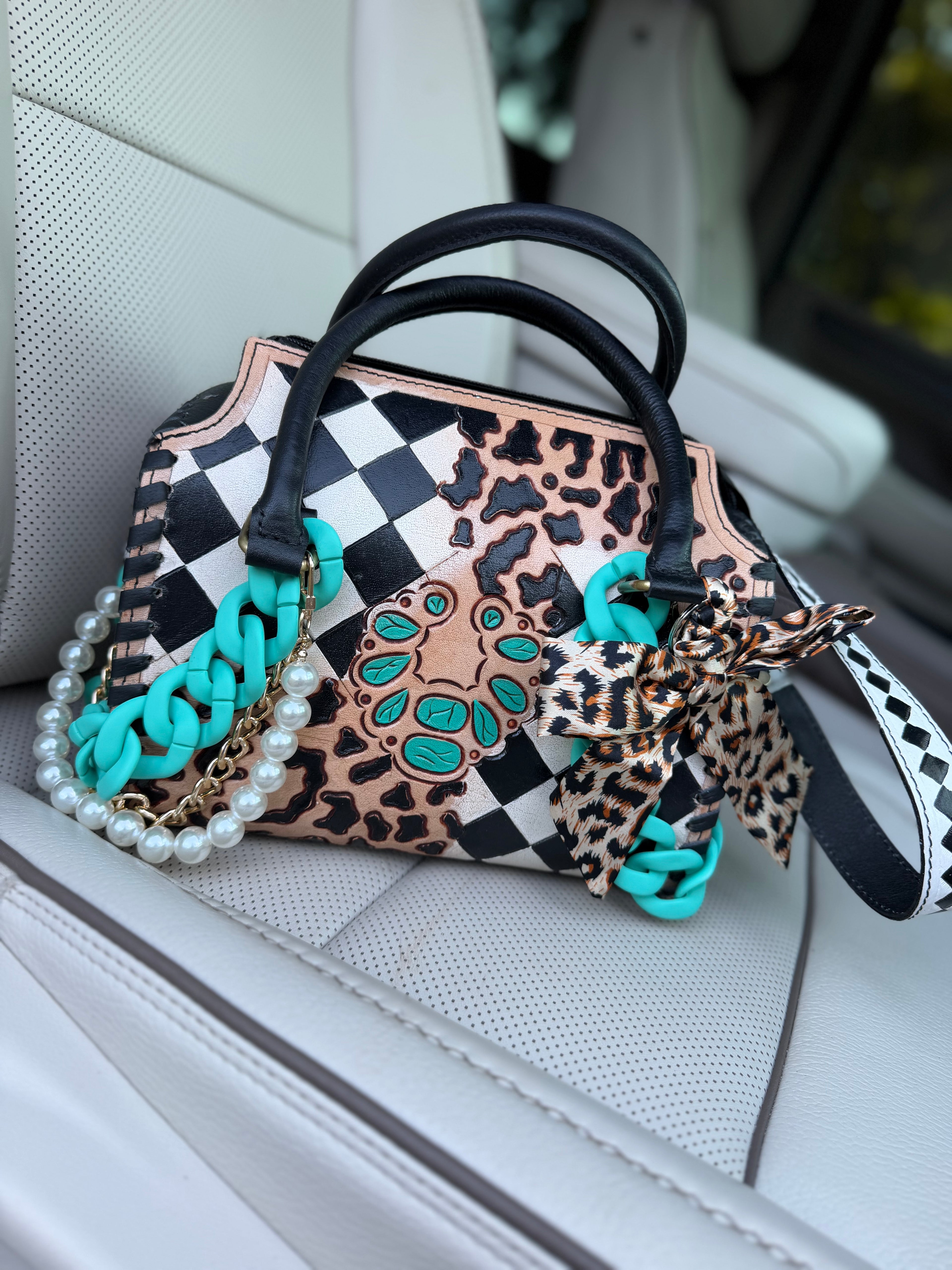 "Pretty Little Outlaw"  black/white checker and cheetah tooled leather speefy (M)-  by The Painted Porches