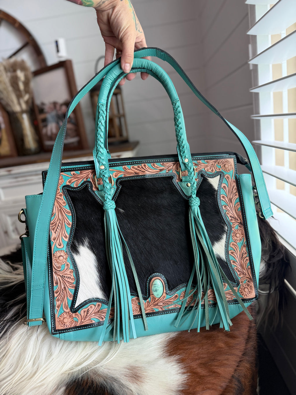 Cowhide Tooled leather tote bag with fringe