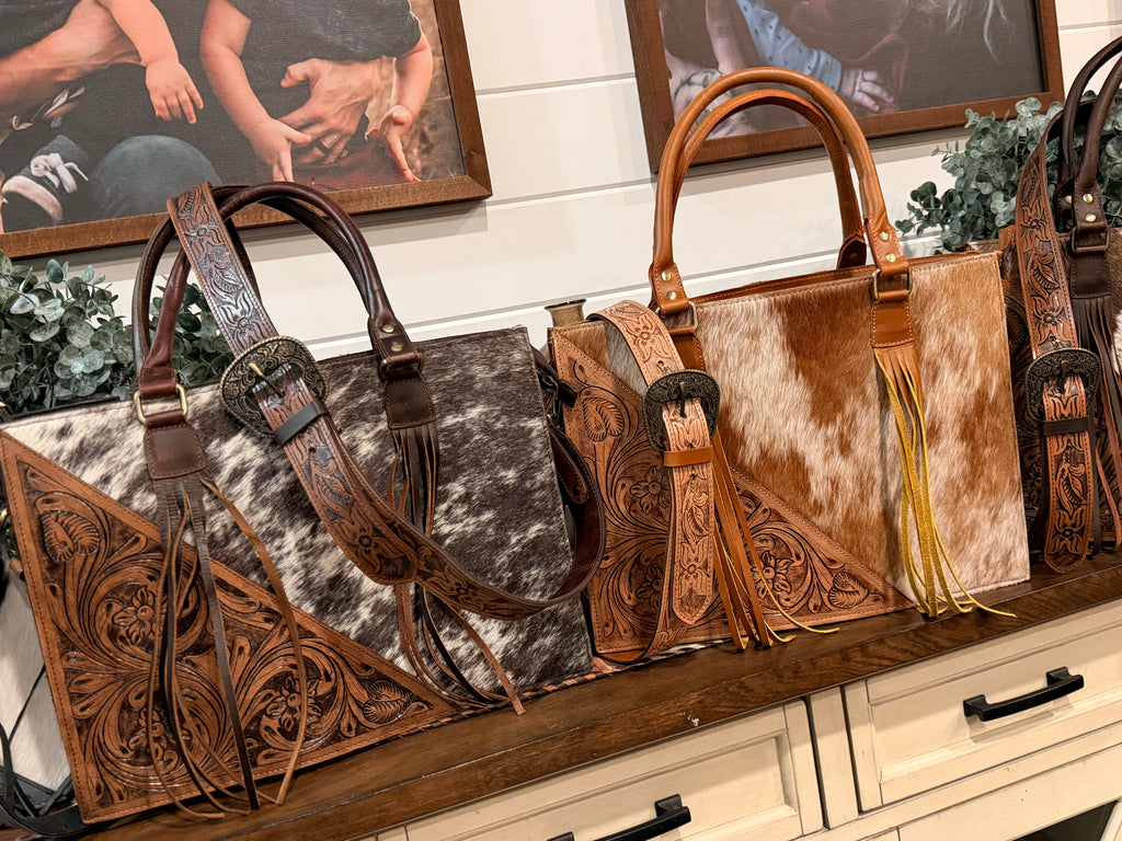 Cowhide and Tooled leather tote bag with fringe- (M)