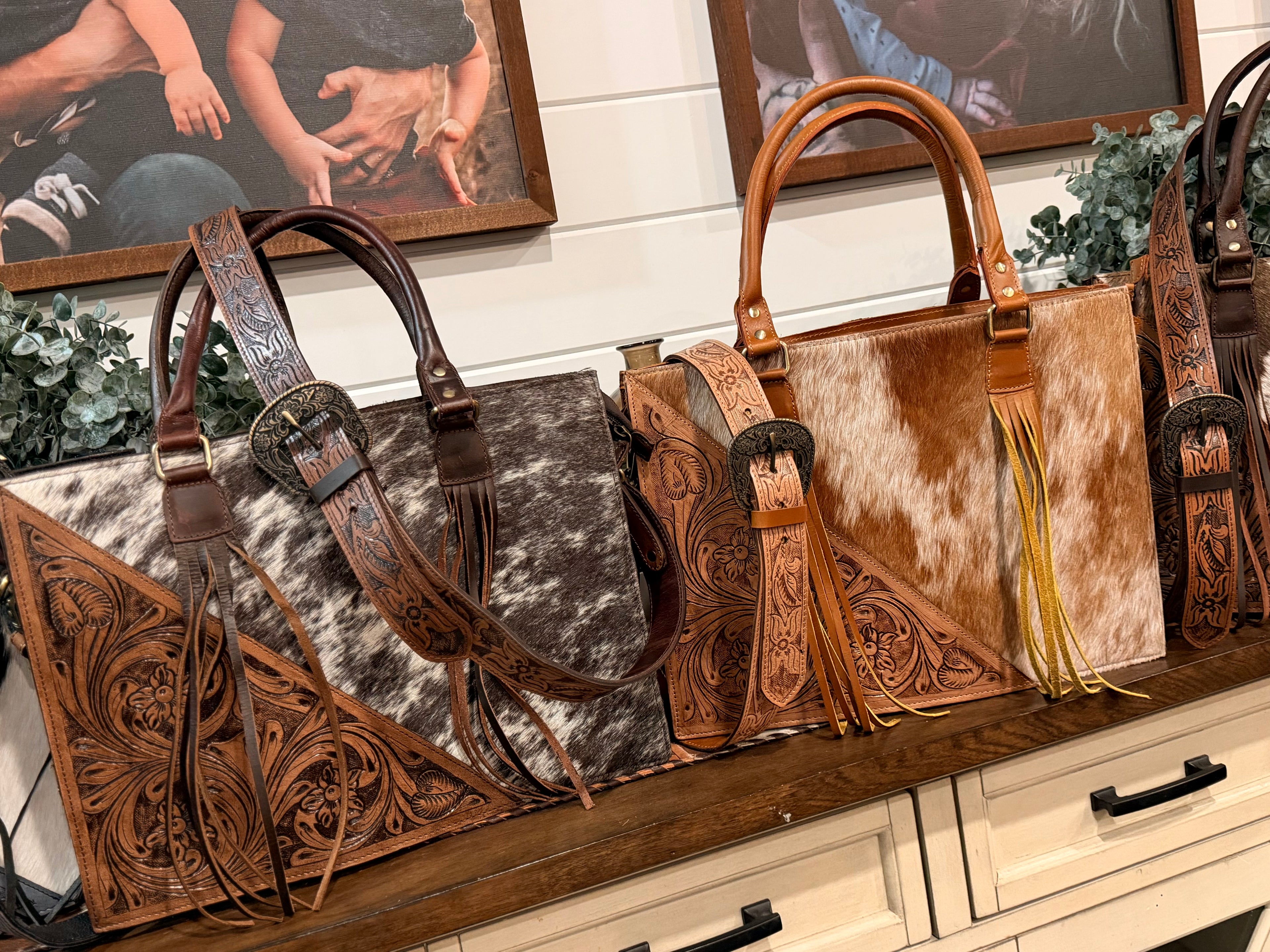 Cowhide and Tooled leather tote bag with fringe- (M)