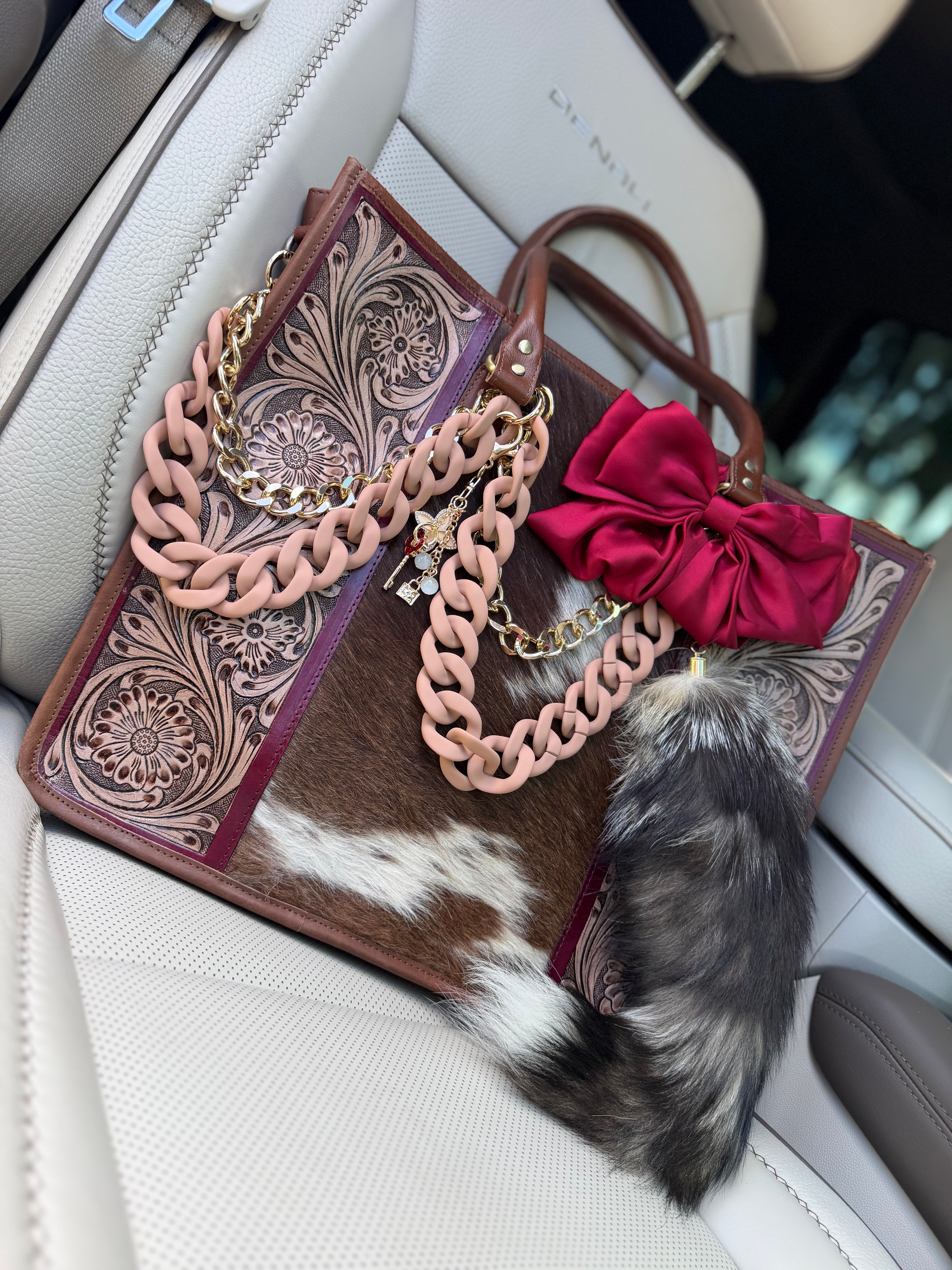 "Burgundy Beauty" Dressed cowhide and brown tooled leather tote bag/ wallet combo