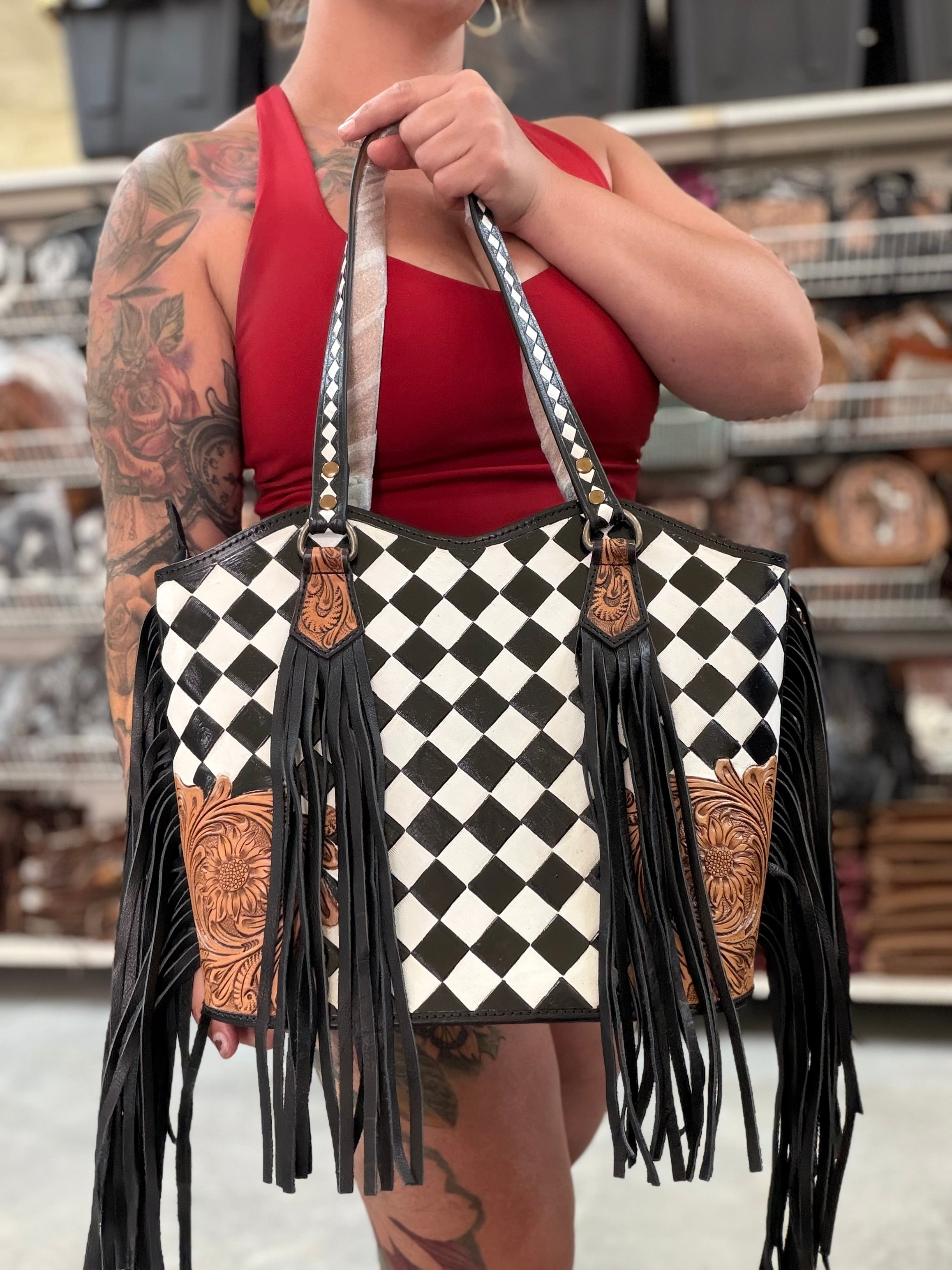"Angeline" checker print with black fringe
