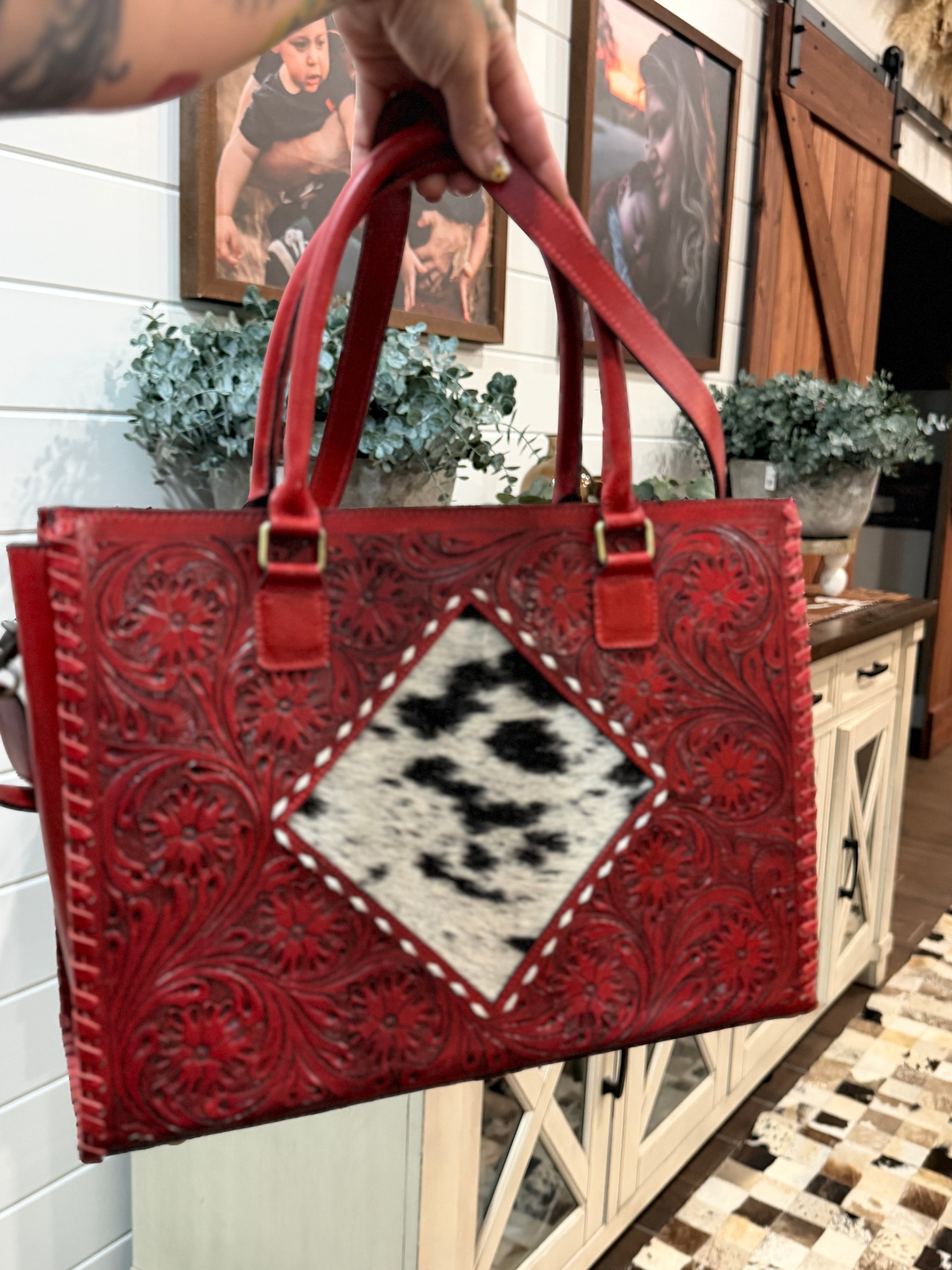 High quality tooled leather tote bag
