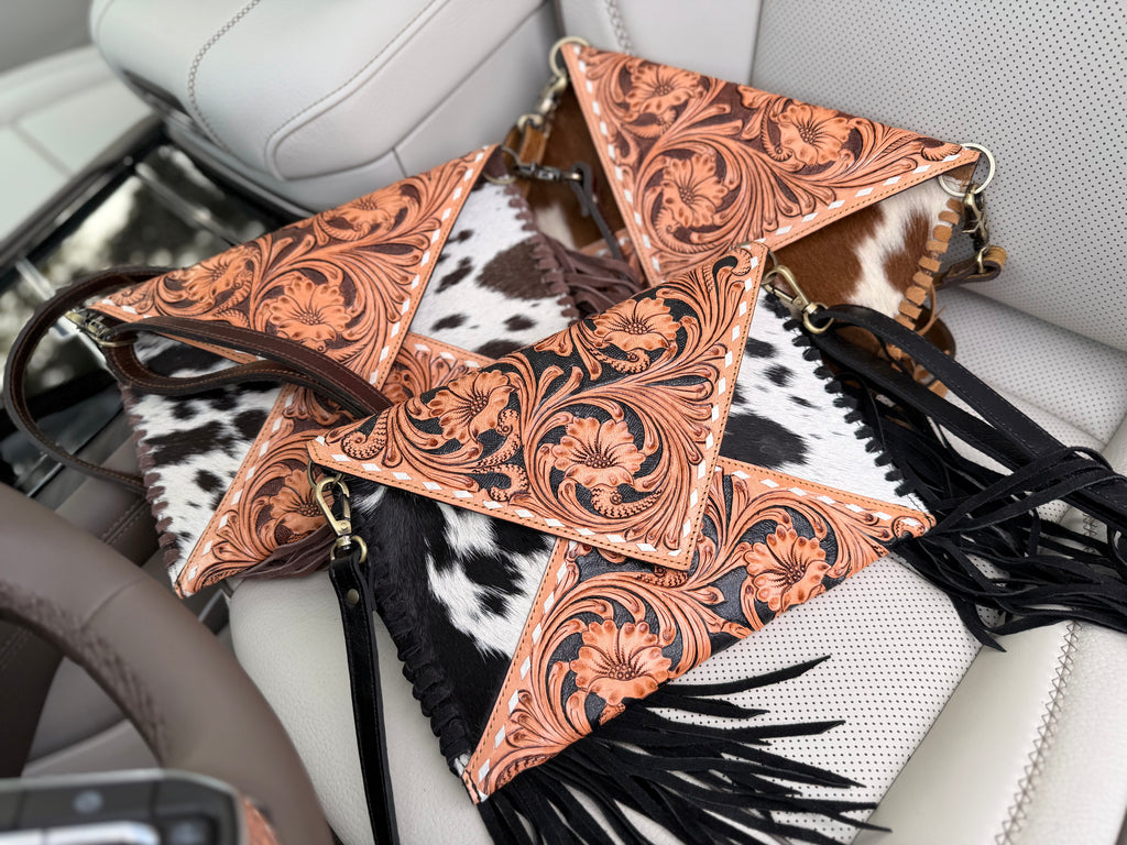 Tooled leather/ cowhide envelope purse