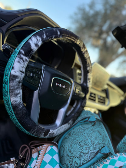 Teal 15.5 “ tooled leather cowhide steering wheel cover read description before purchase