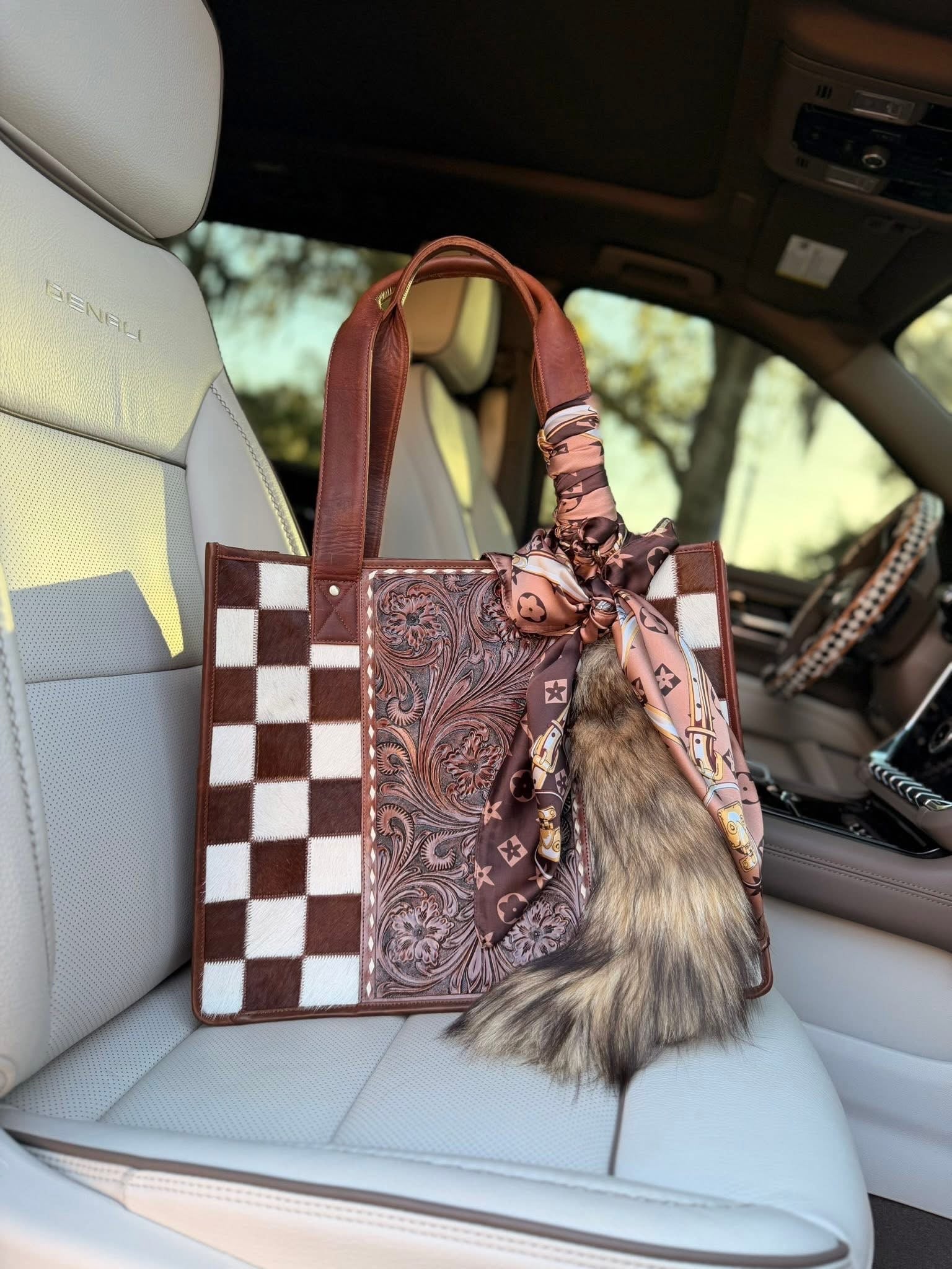 "Grand dutchess" - brown checker and brown tooled leather tote