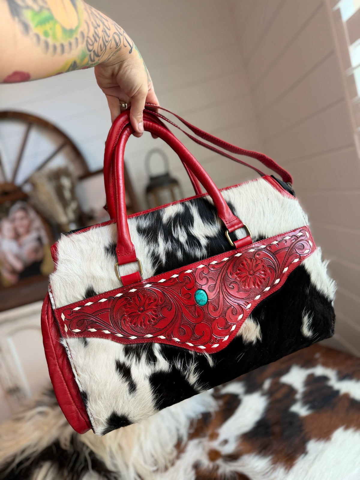 Red tooled leather / Cowhide speedy duffle (L)