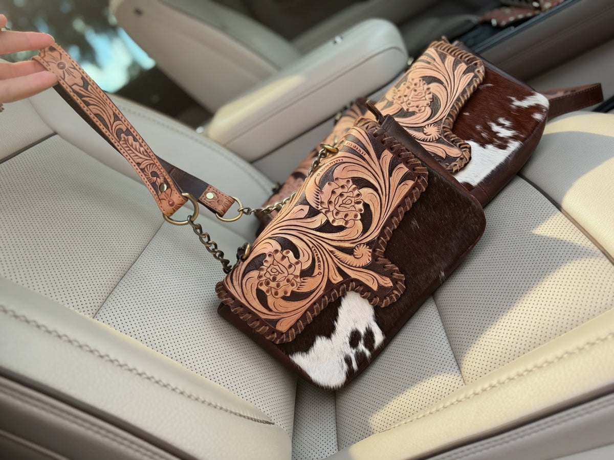 Tooled leather and cowhide crossbody bag