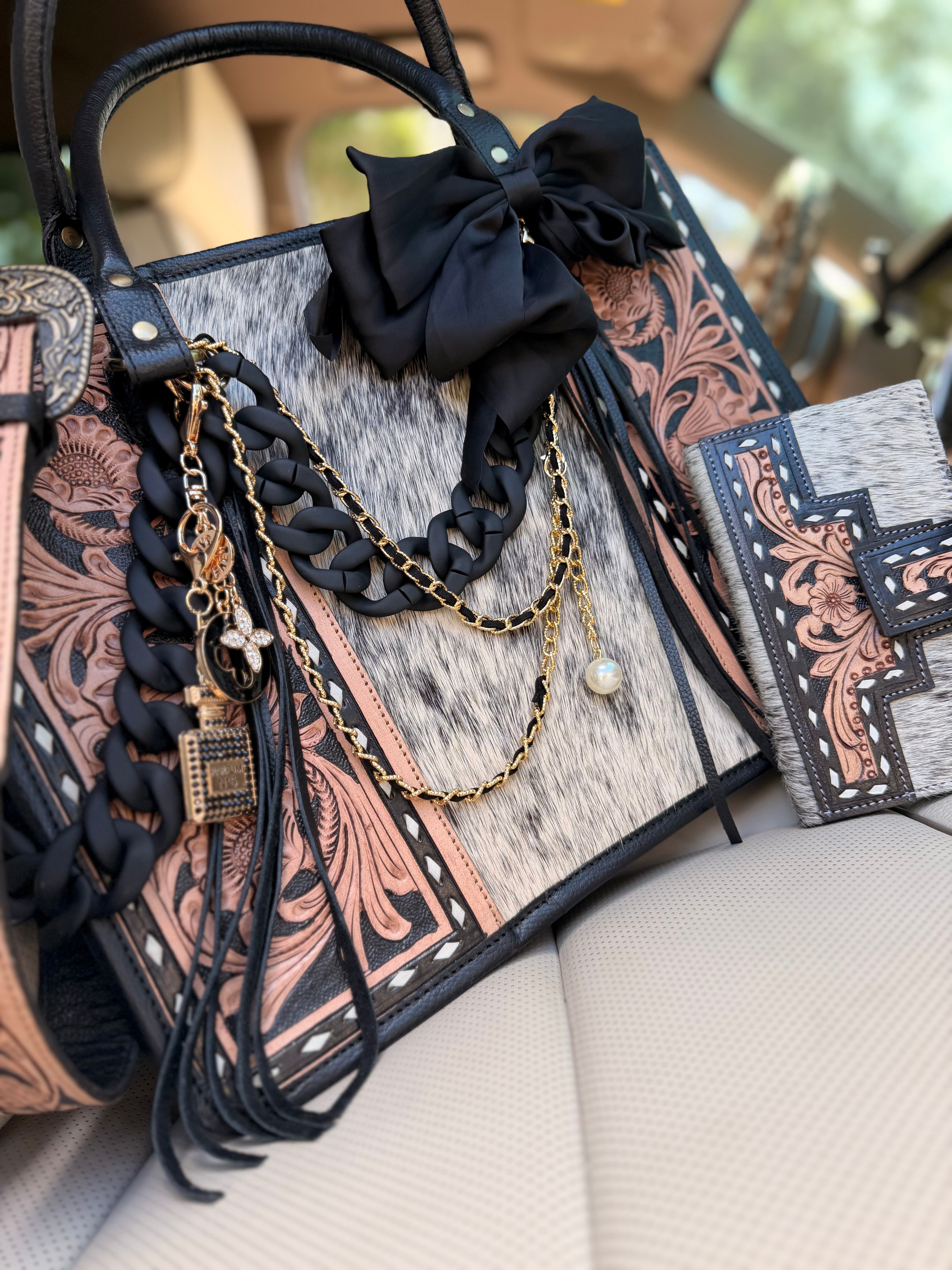 "Seduction & Spurs" Dressed cowhide and brown/black tooled learher tote bag/ wallet combo