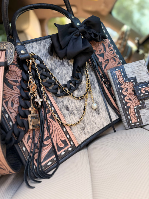 "Seduction & Spurs" Dressed cowhide and brown/black tooled learher tote bag/ wallet combo