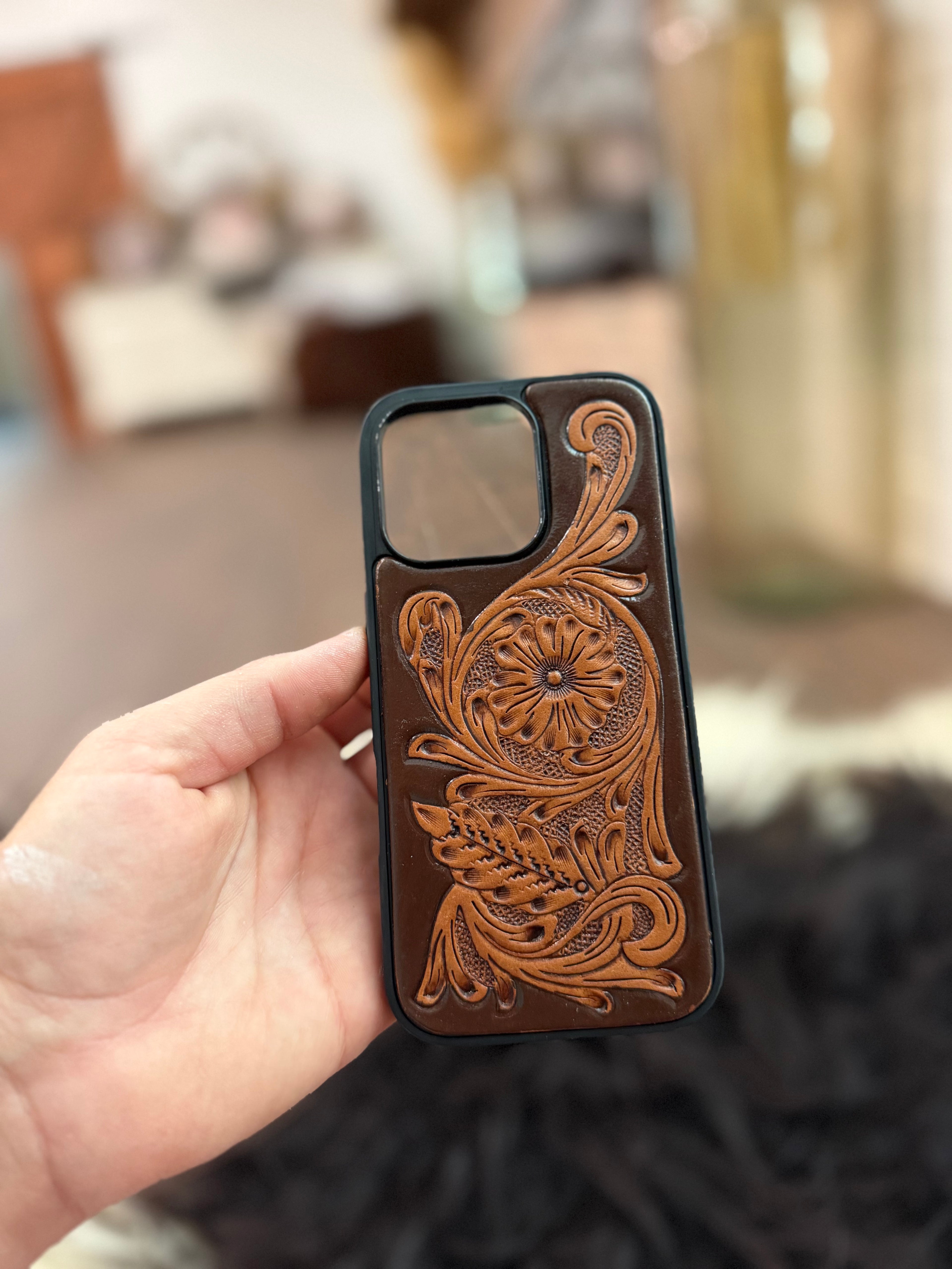 iPhone 16 PRO phone case tooled leather
