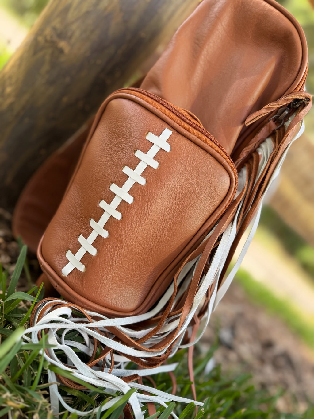Football Leather fringe sports themed bookbag