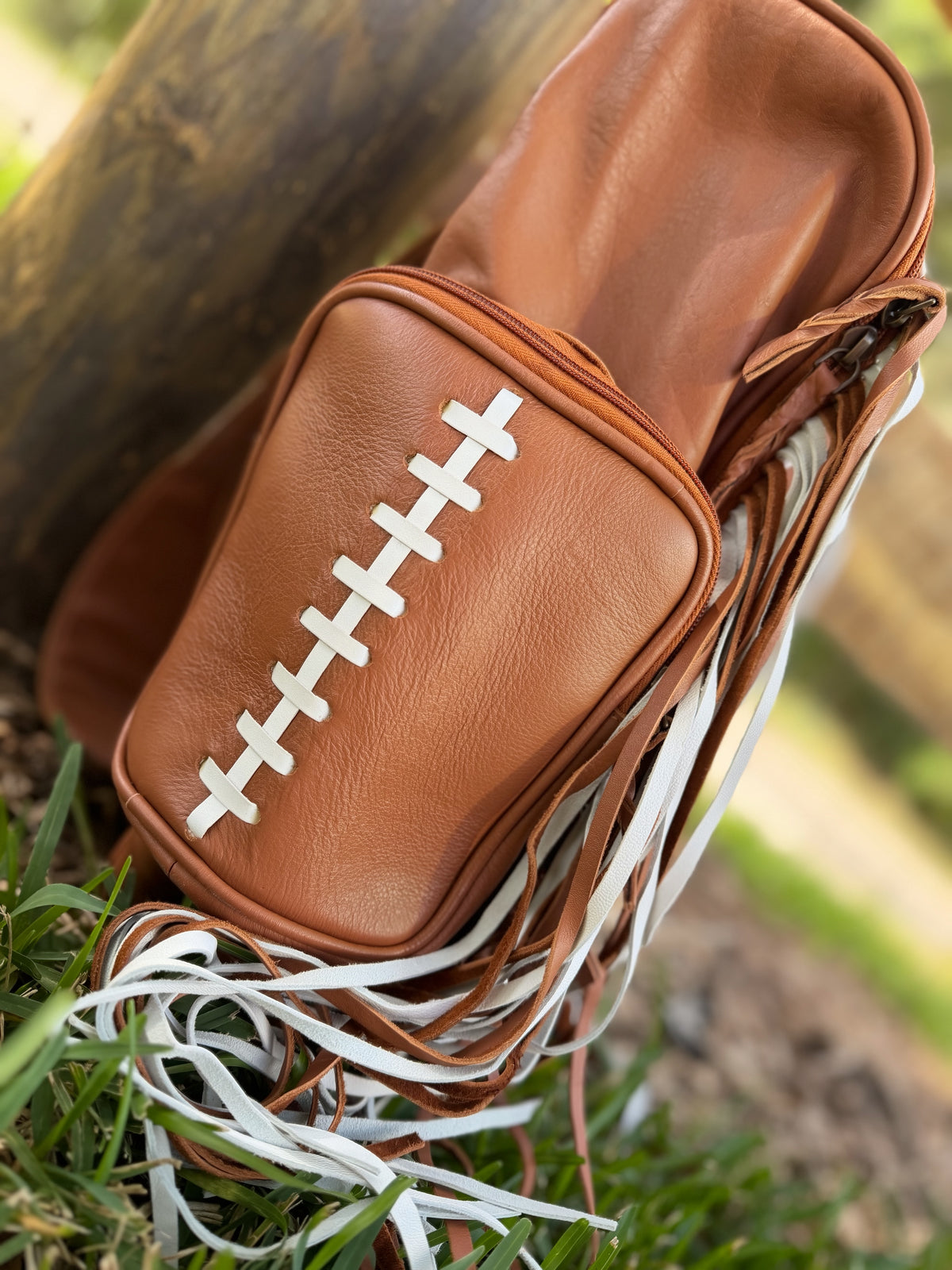 Football Leather fringe sports themed bookbag