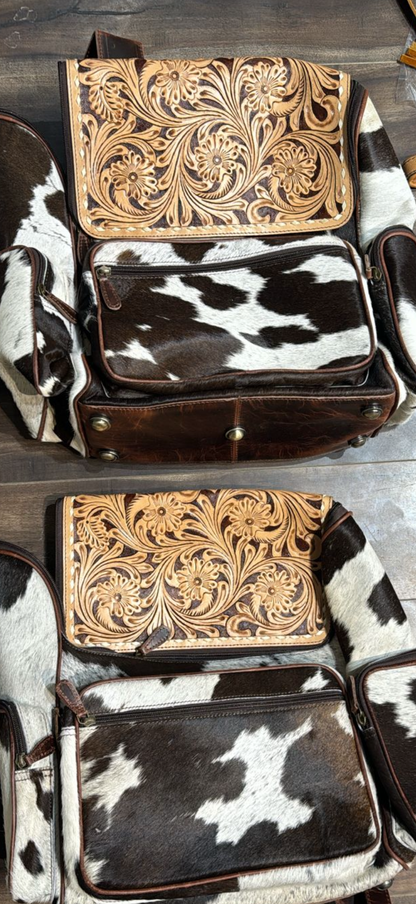 Cowhide tooled leather bookbag
