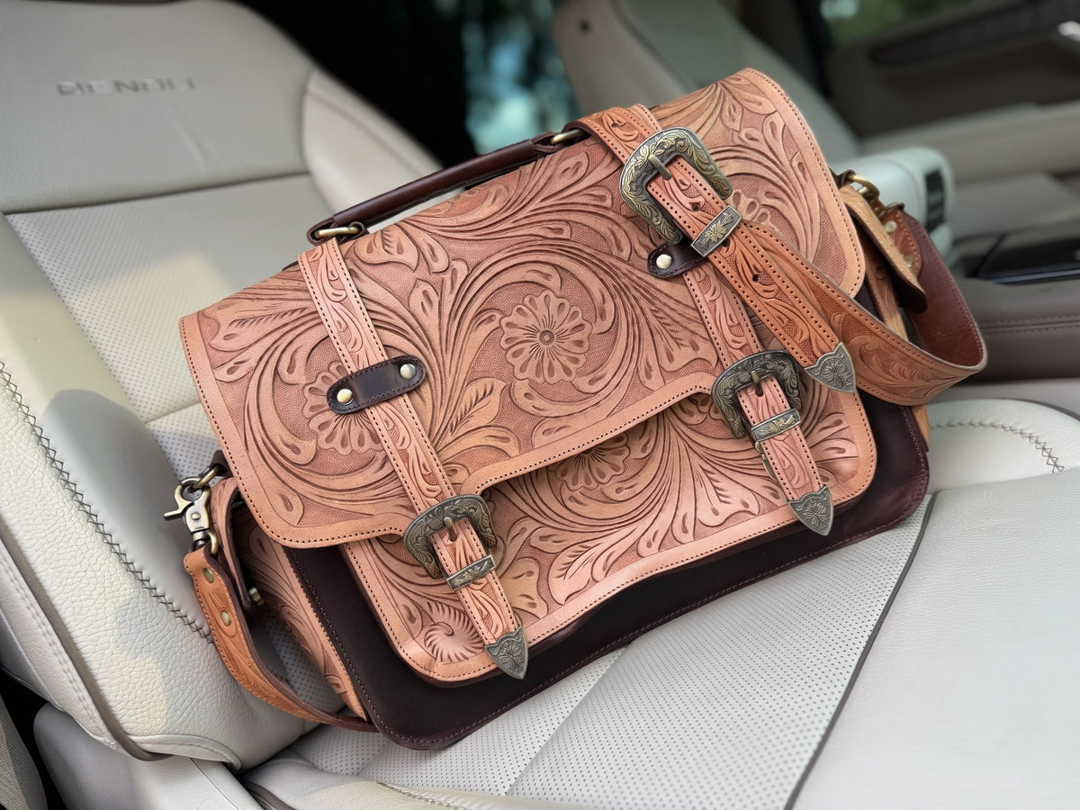 Laptop or overnight tooled leather -  tan with dark BROWN leather