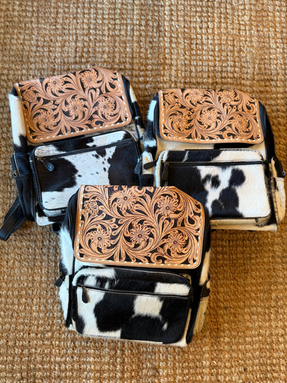 Tooled leather bookbag black leather