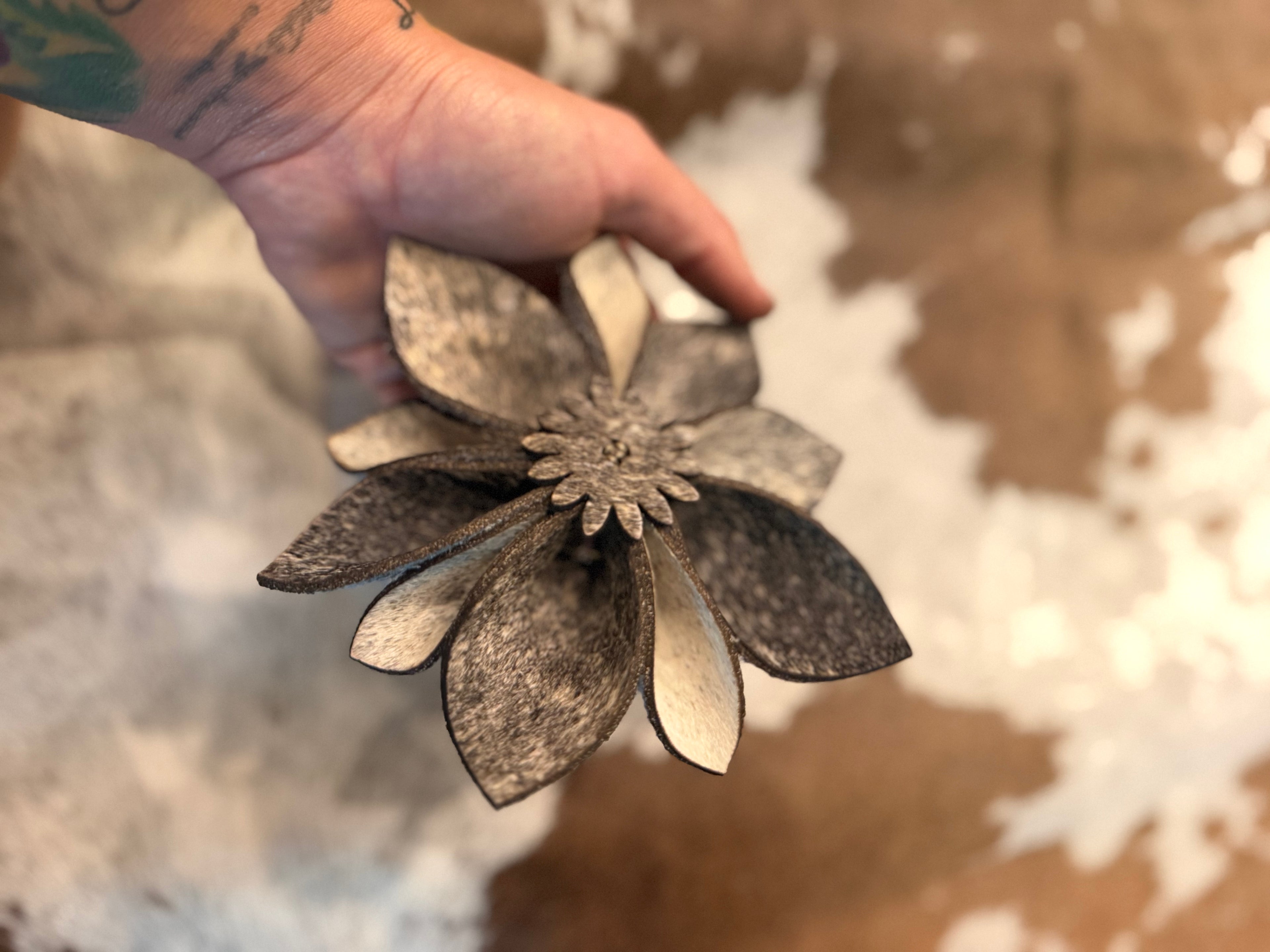XL  flower 6” cowhide layered flower design ornament
