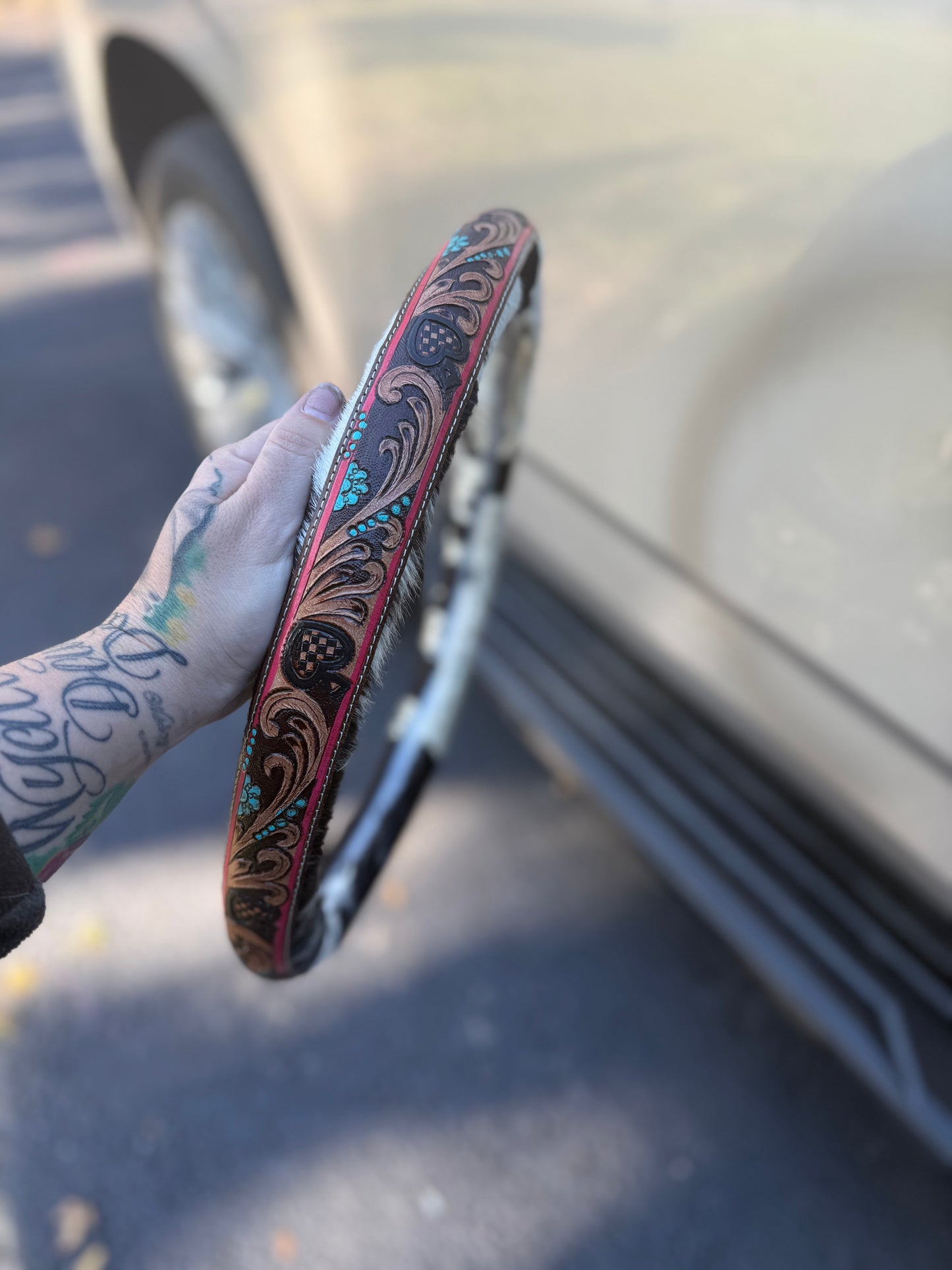 15.5 “ tooled leather cowhide steering wheel cover read description before purchase