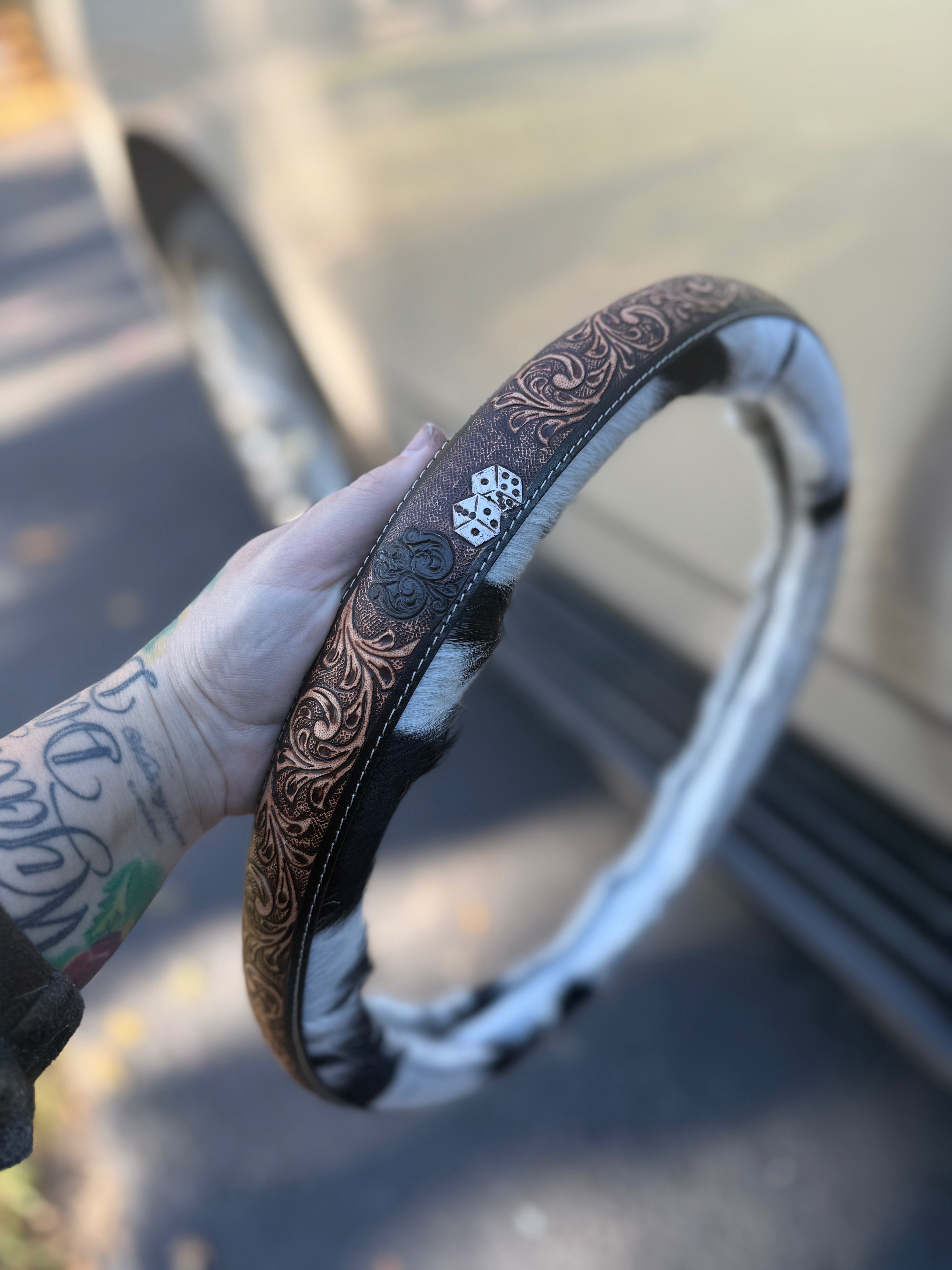 15.5 “ tooled leather cowhide steering wheel cover read description before purchase