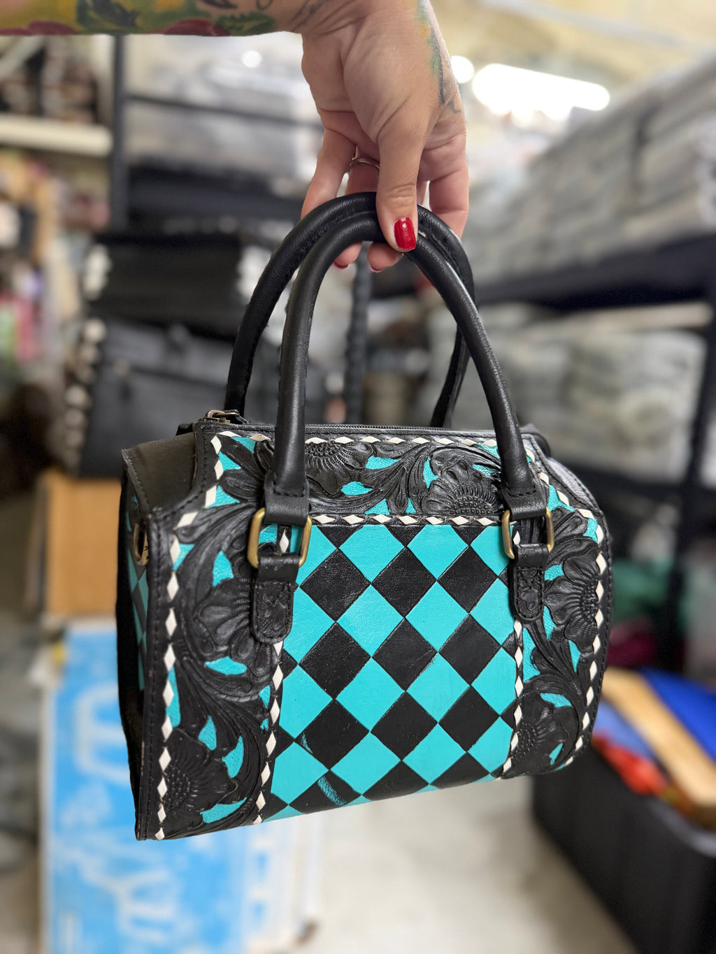 Teal/black checker tooled leather speedy (M)