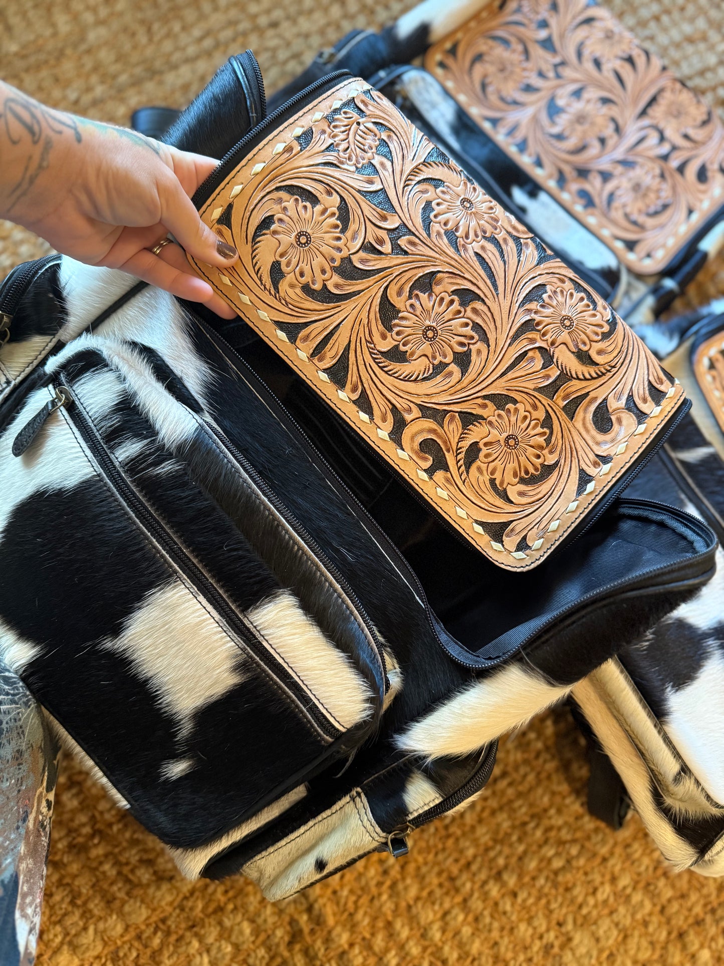 Tooled leather bookbag black leather