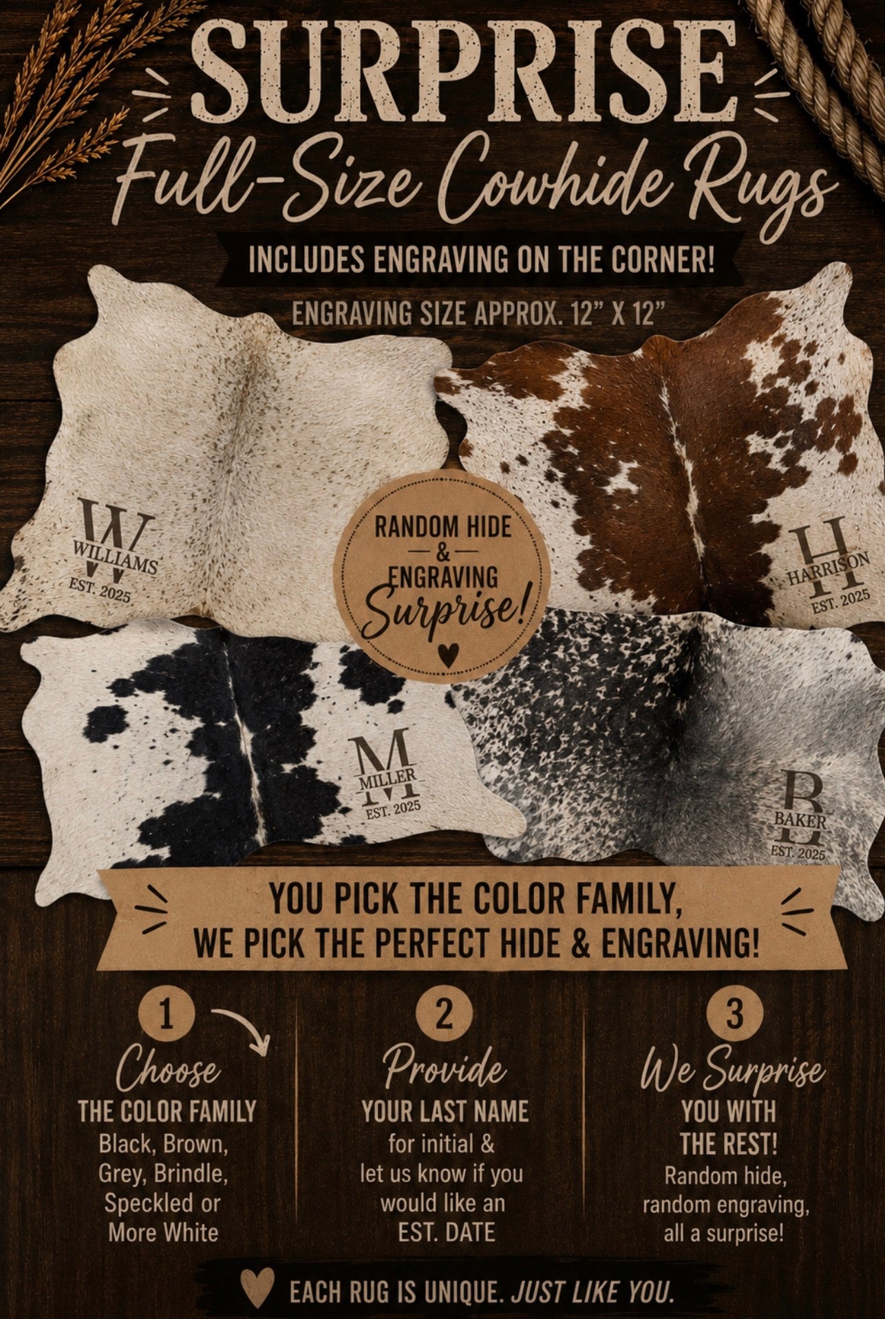 Surprise FULL SIZE hide - includes the 12”x12” engraving!
