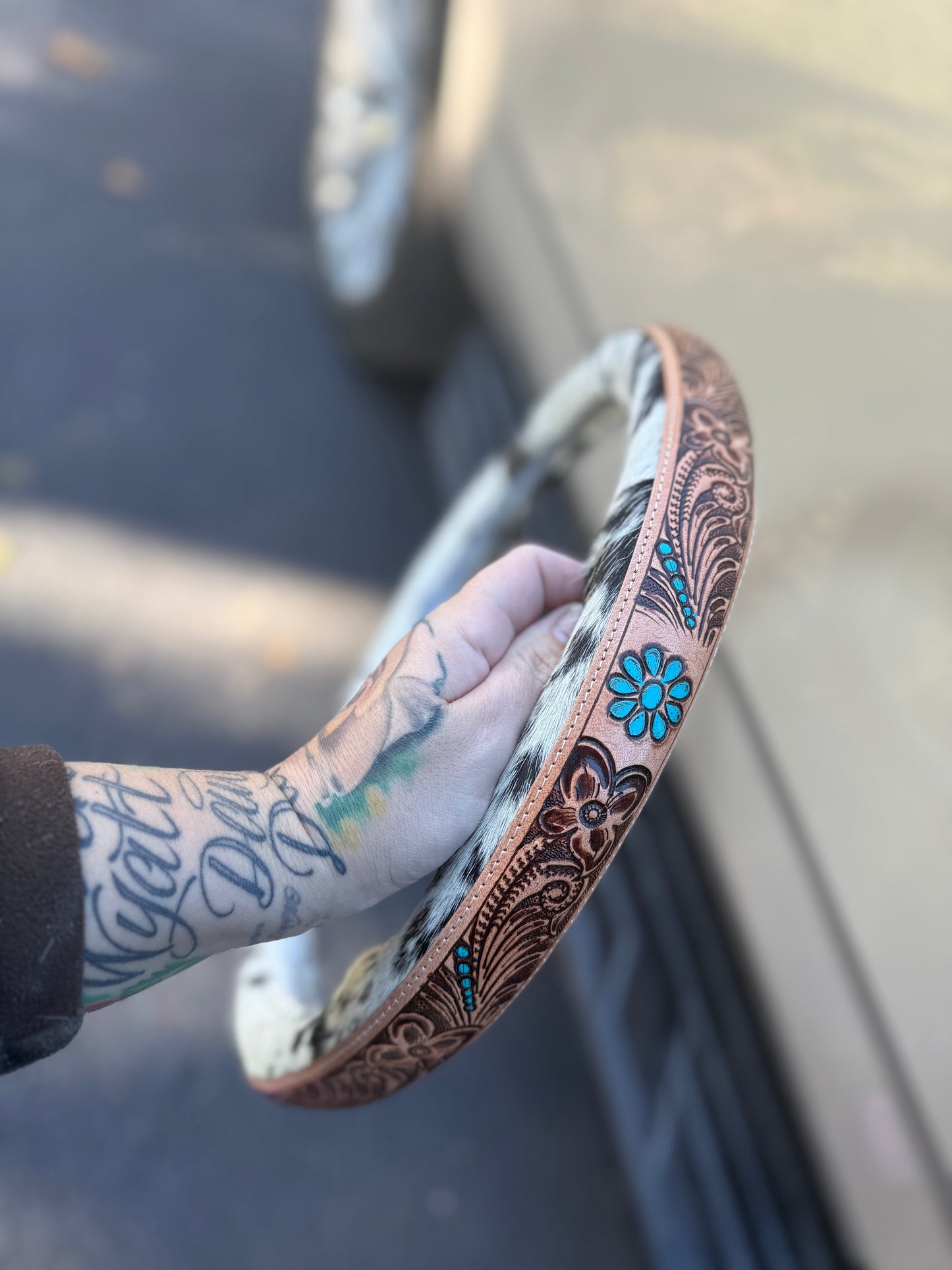 15.5 “ tooled leather cowhide steering wheel cover read description before purchase