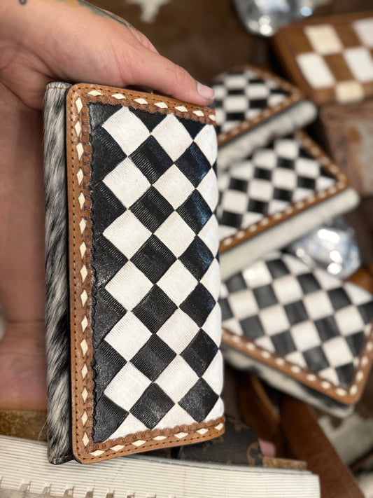 Checker print wallet with strap for clutch