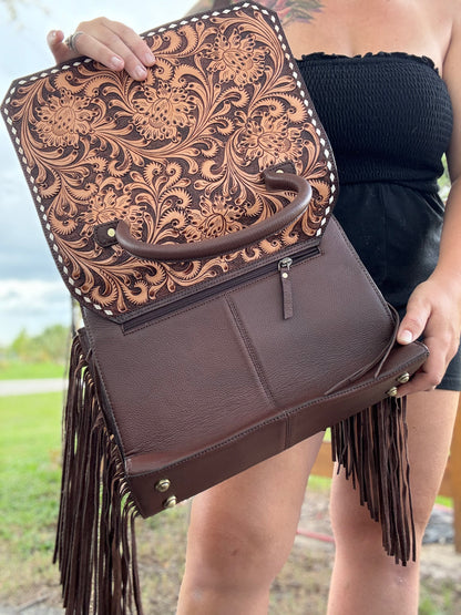 Tooled leather and cowhide purse
