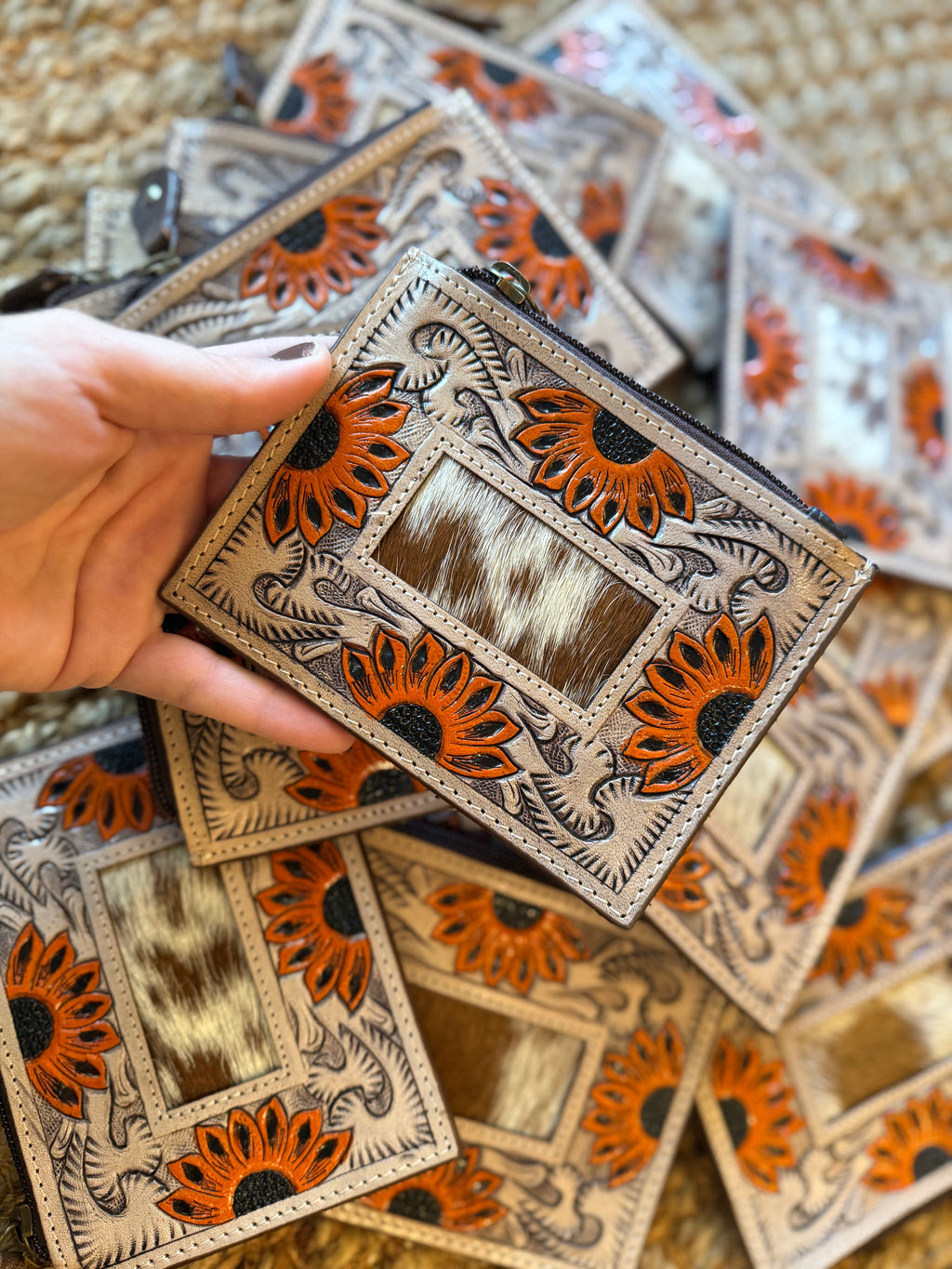 Tooled leather sunflower cardholder