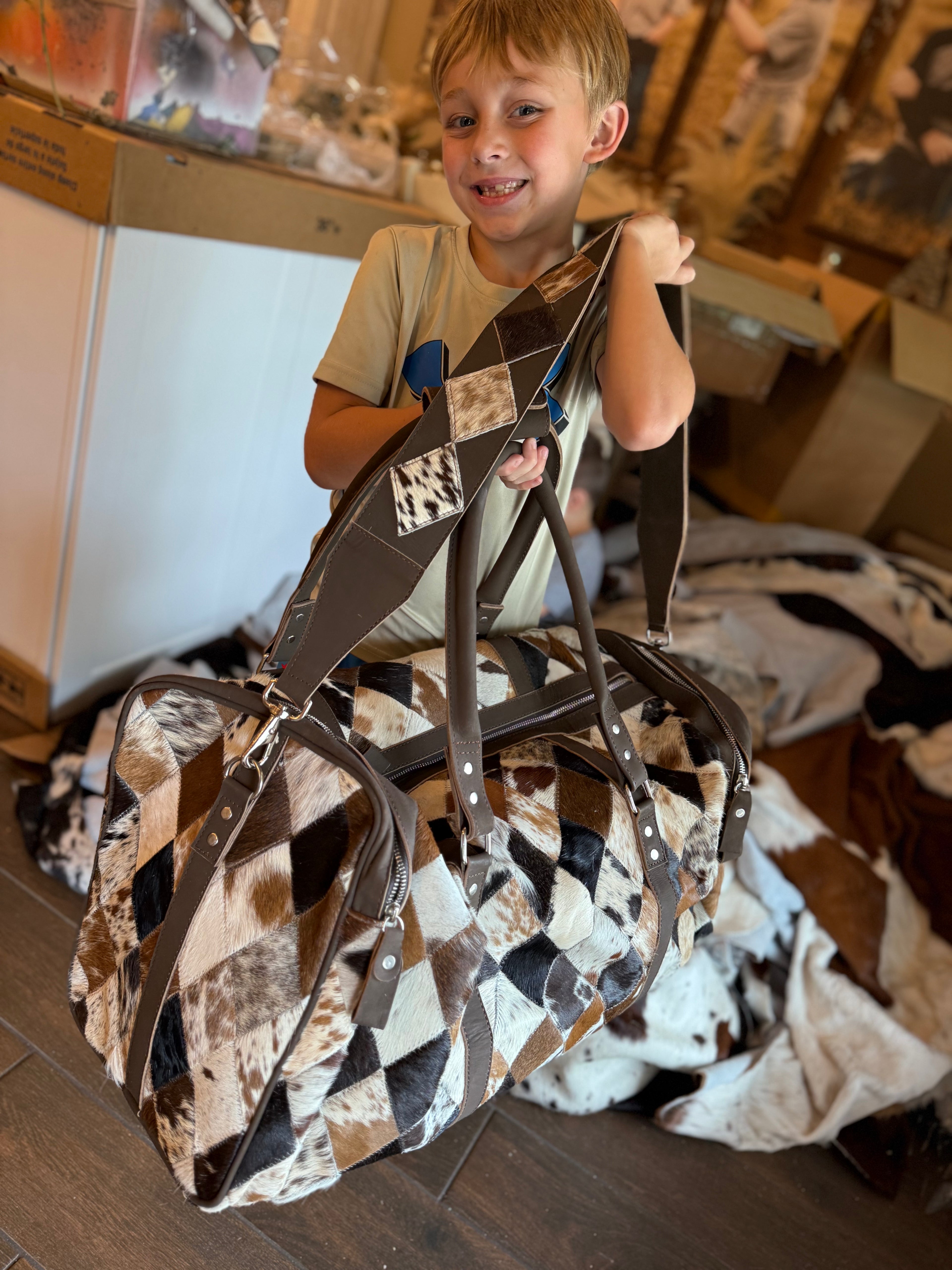 Patchwork neutral cowhide Duffle