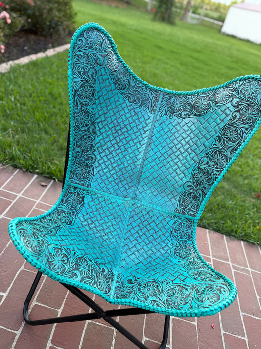 Tooled leather teal chair