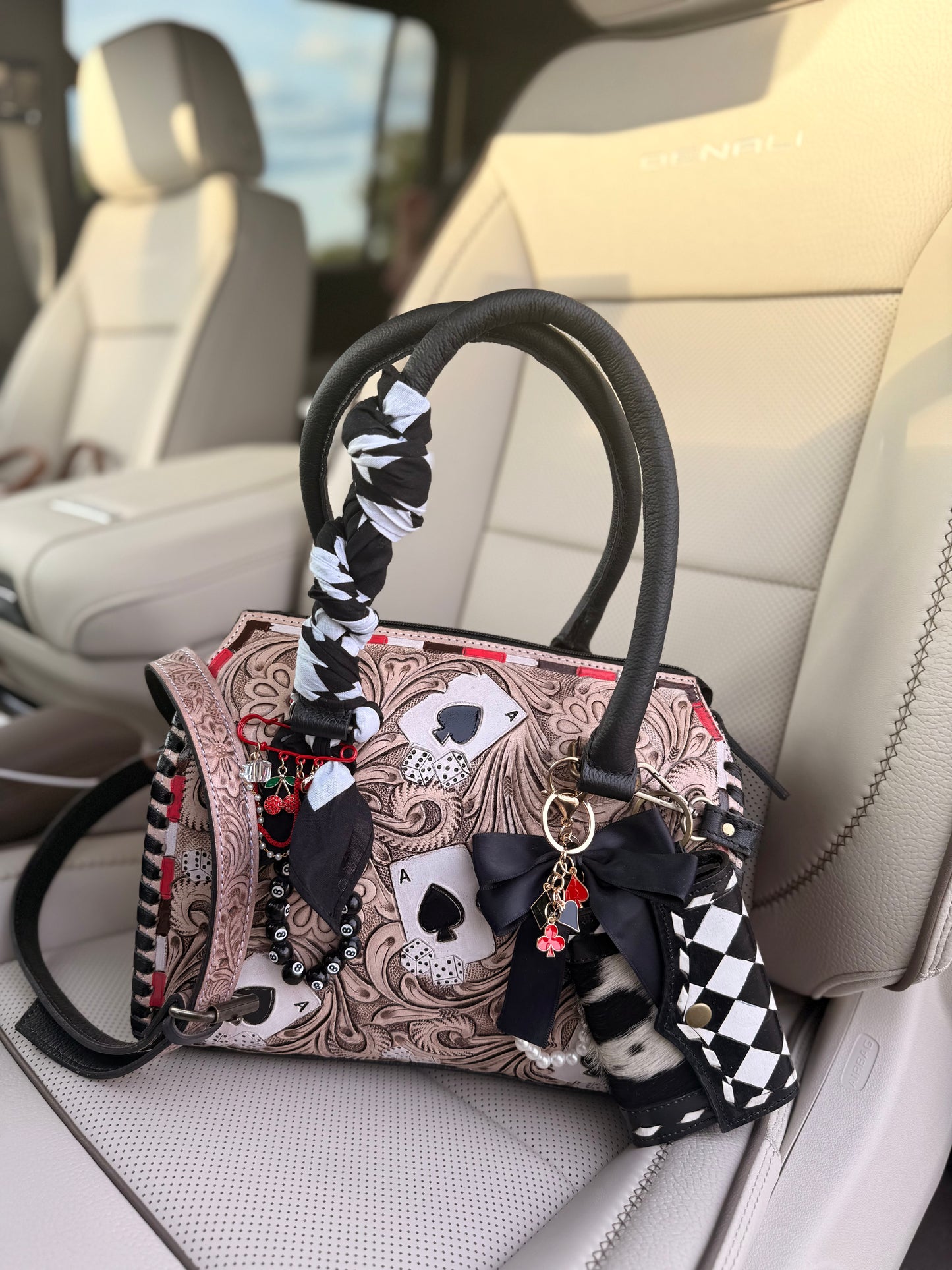 "Blackjack Widow" - checker speedy tote /hand painted red accents