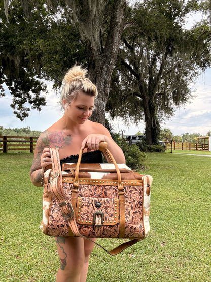 Duffle tooled leather and cowhide