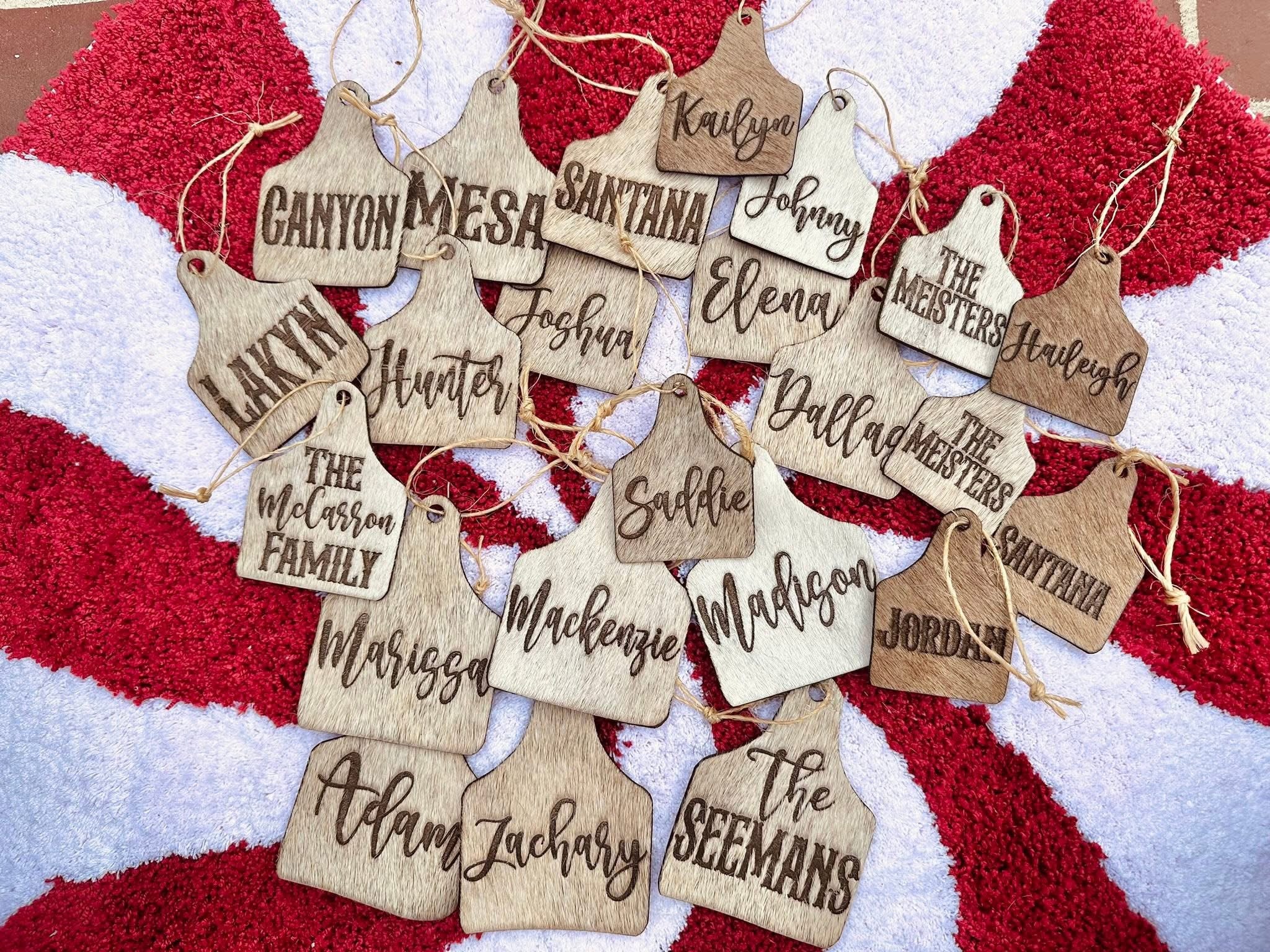 BOGO SALE BUY 2 for price of one Cowhide personalized ornament/s (ear tag)