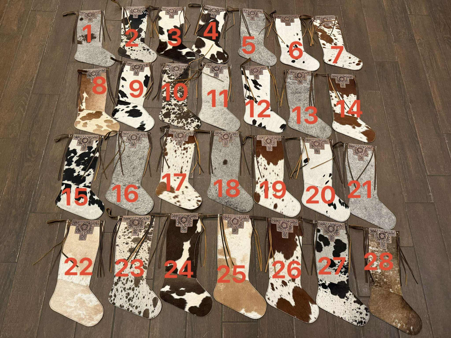 16" Cowhide christmas stockings! Does not include engraving. Read description