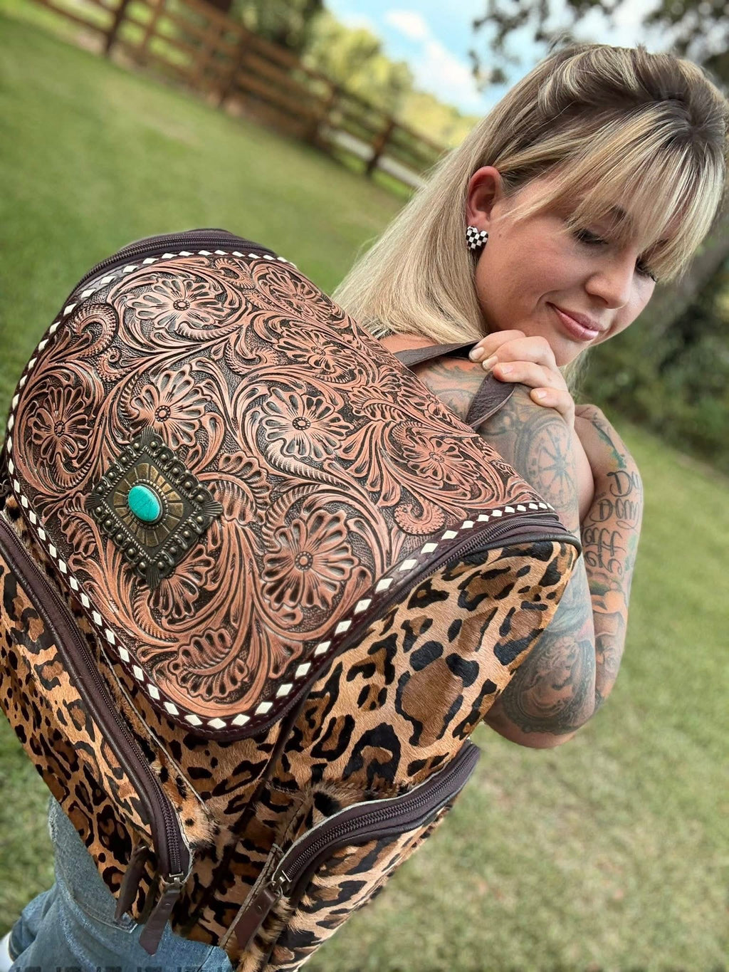 Cheetah and Tooled leather Bookbag