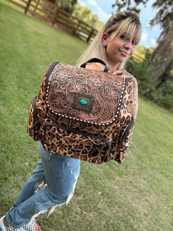 Cheetah and Tooled leather Bookbag