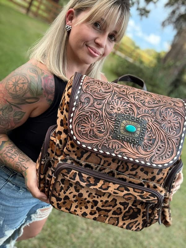 Cheetah and Tooled leather Bookbag
